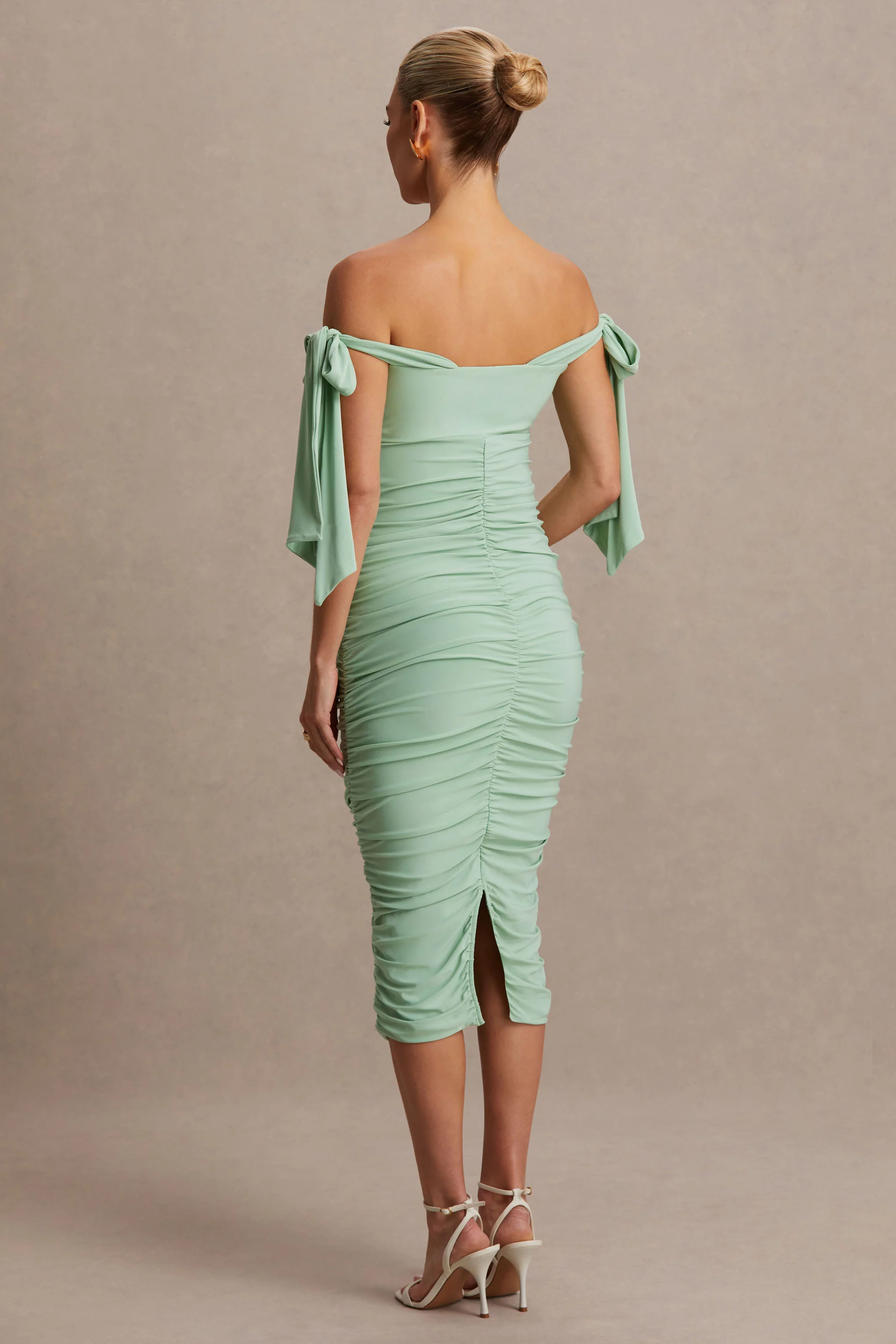 Chandelier | Light Green Bardot Maternity Midi Dress With Bow Details - Image 2