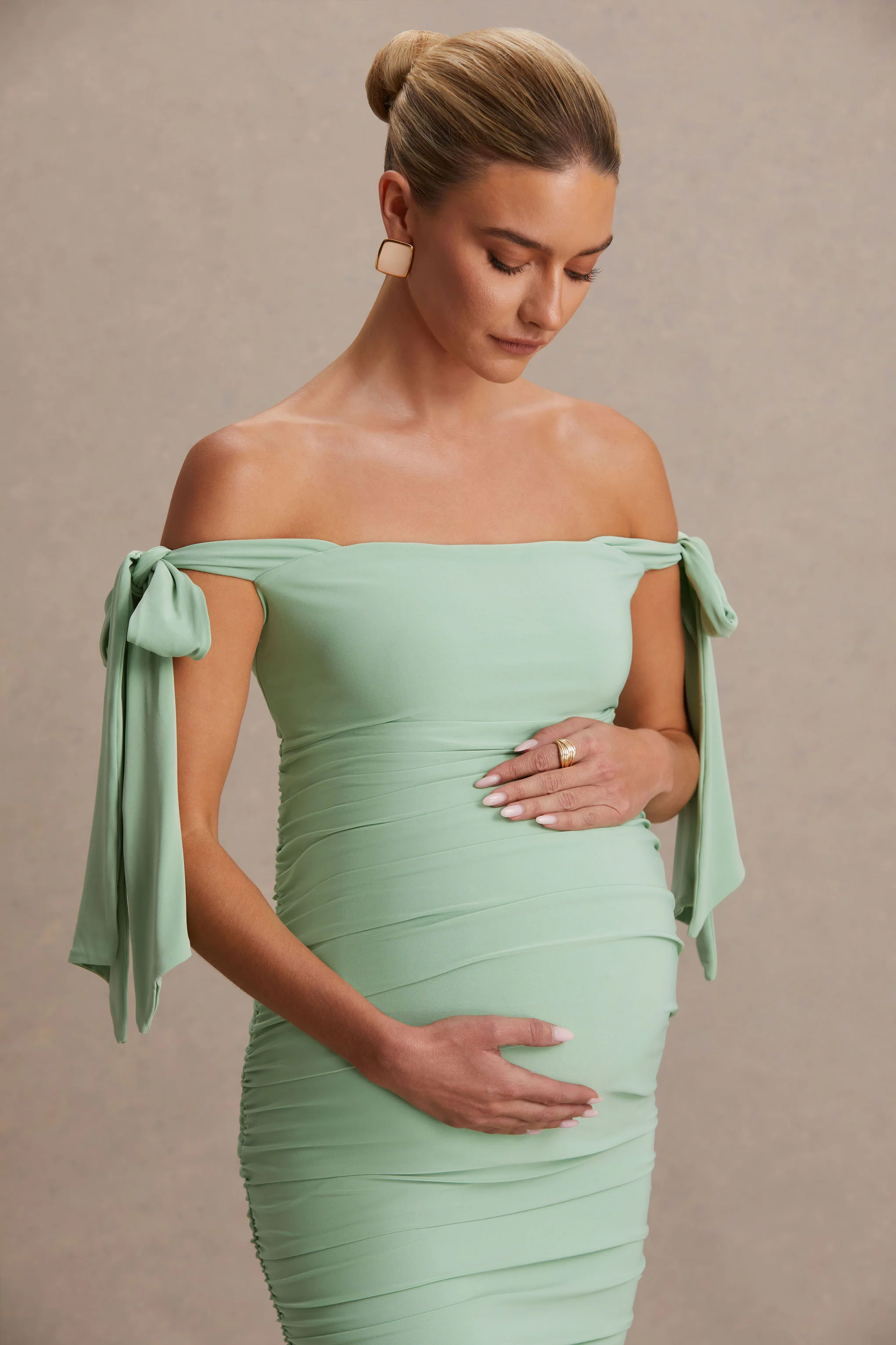 Chandelier | Light Green Bardot Maternity Midi Dress With Bow Details - Image 6