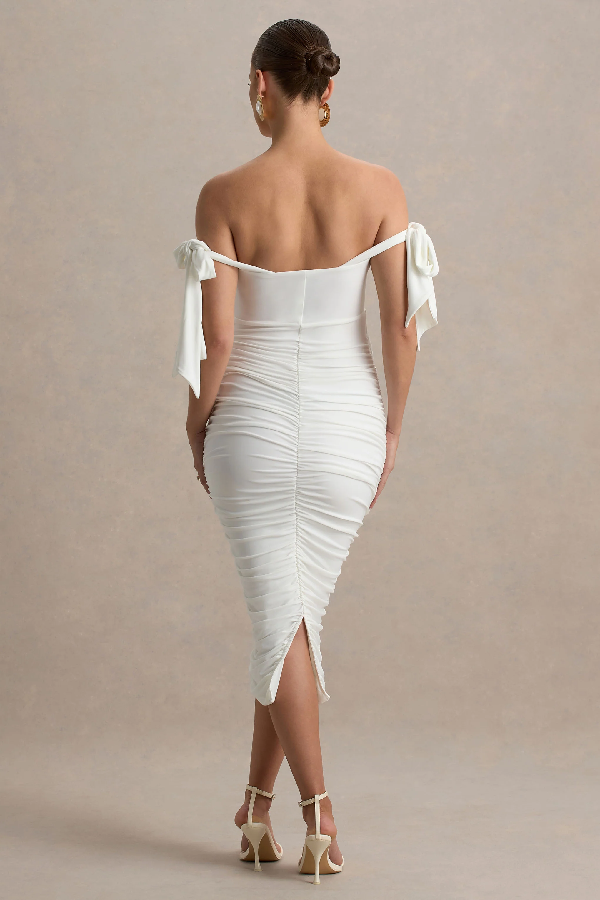 Chandelier | White Bardot Maternity Midi Dress With Bow Details - Image 2