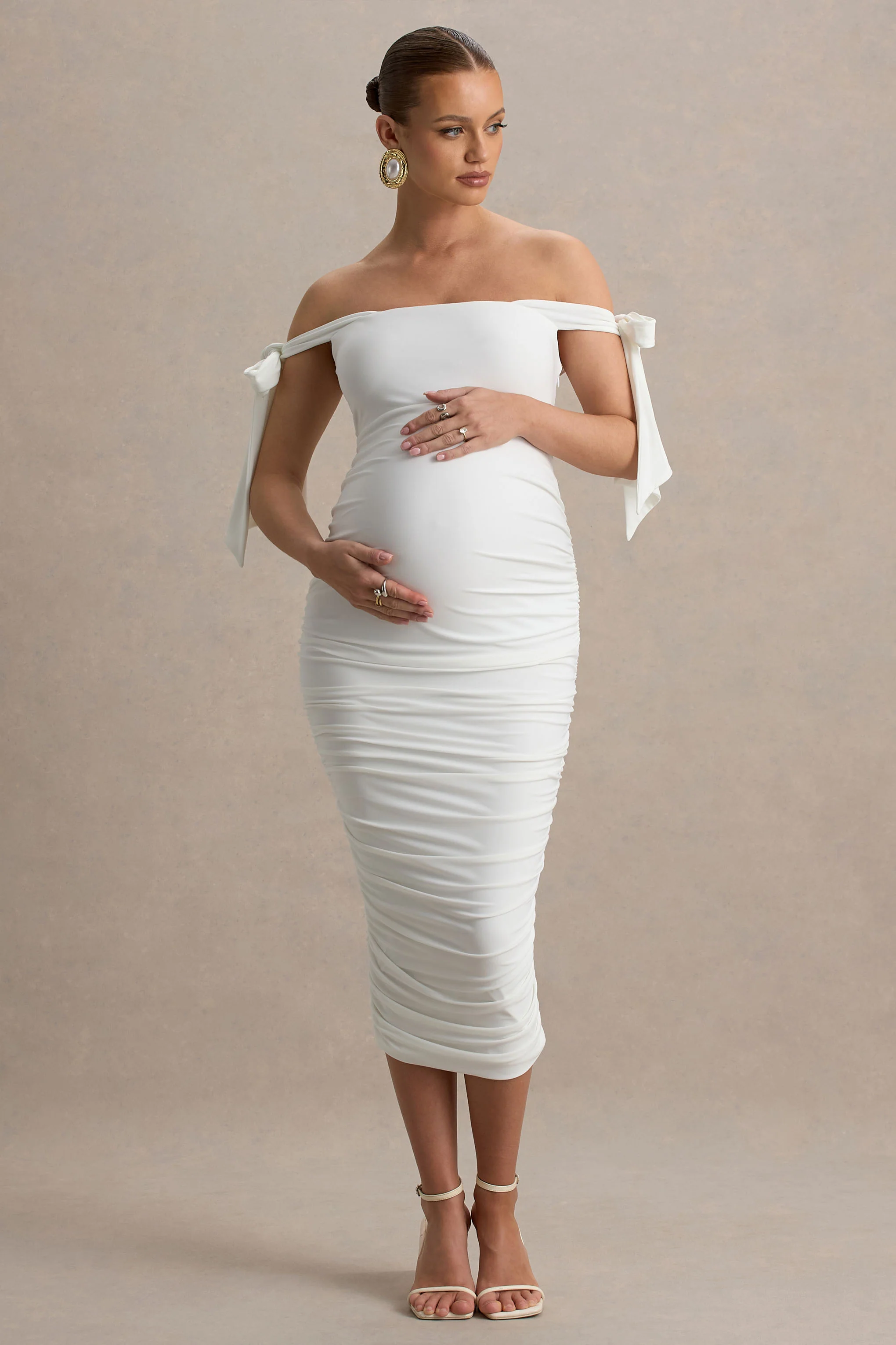 Chandelier | White Bardot Maternity Midi Dress With Bow Details - Image 4