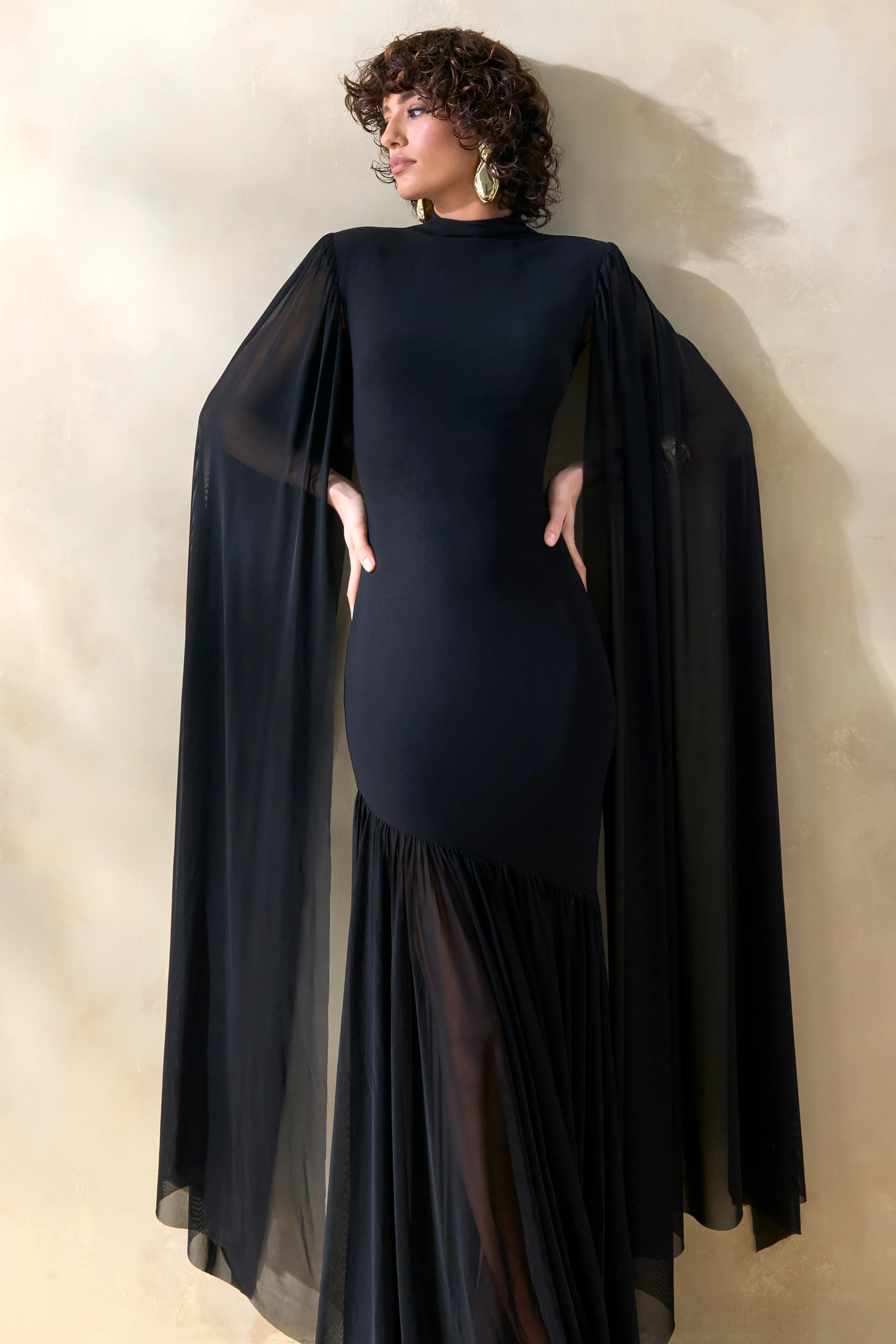Chantelle | Black High-Neck Maxi Dress With Drop-Waist And Cape-Sleeves - Image 3