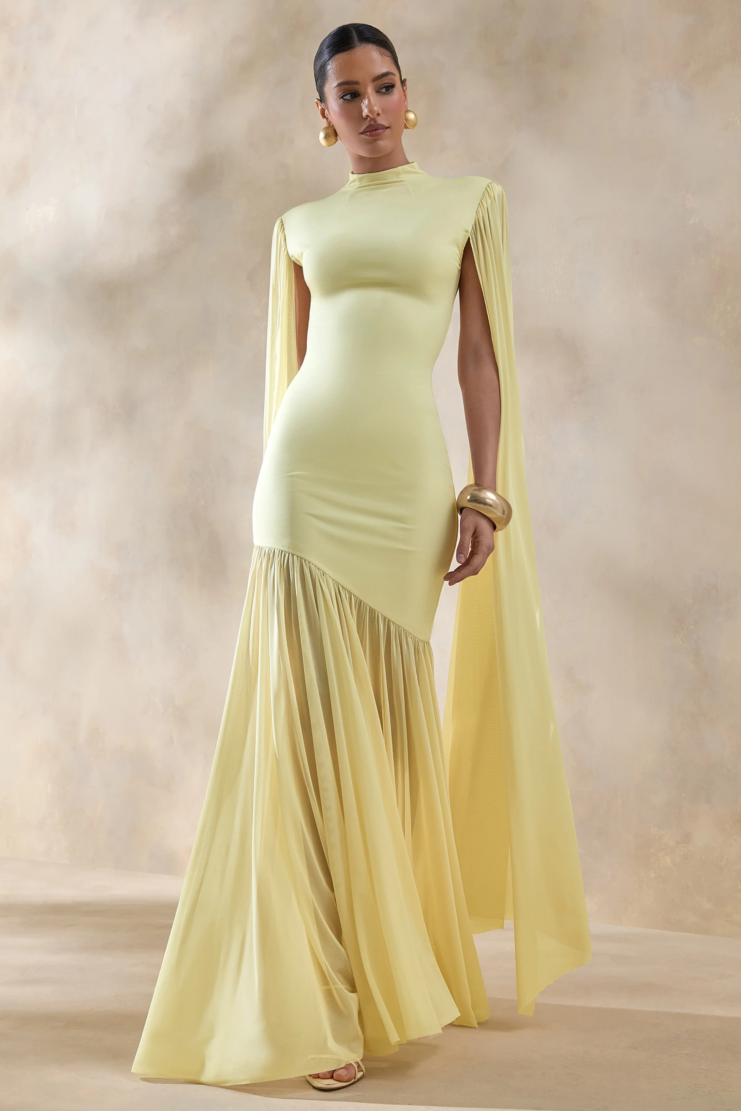 Chantelle | Lemon High-Neck Maxi Dress With Drop-Waist And Cape-Sleeves - Image 5