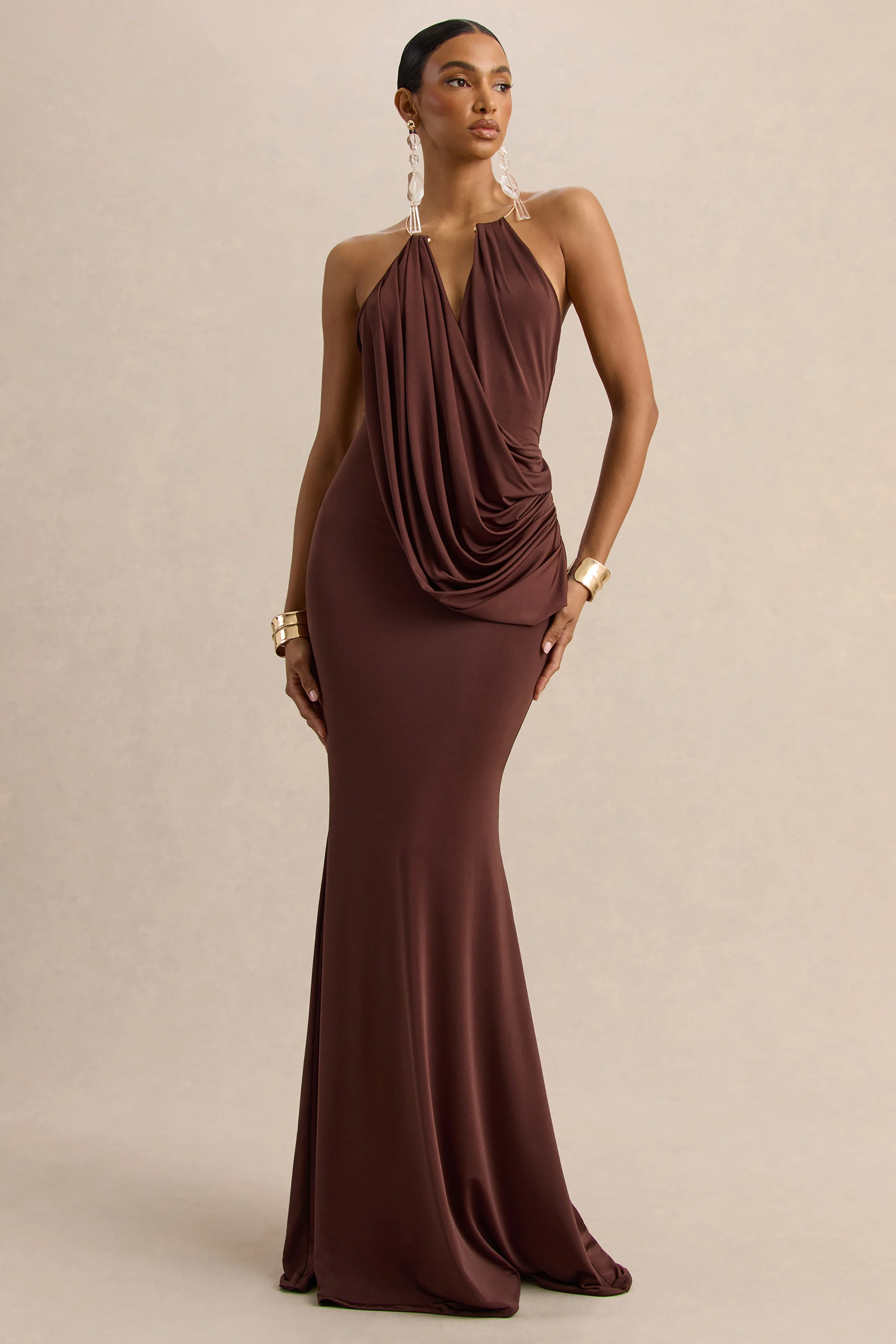 Chanterra | Brown Halter-Neck Maxi Dress With Draped-Detailing - Image 4
