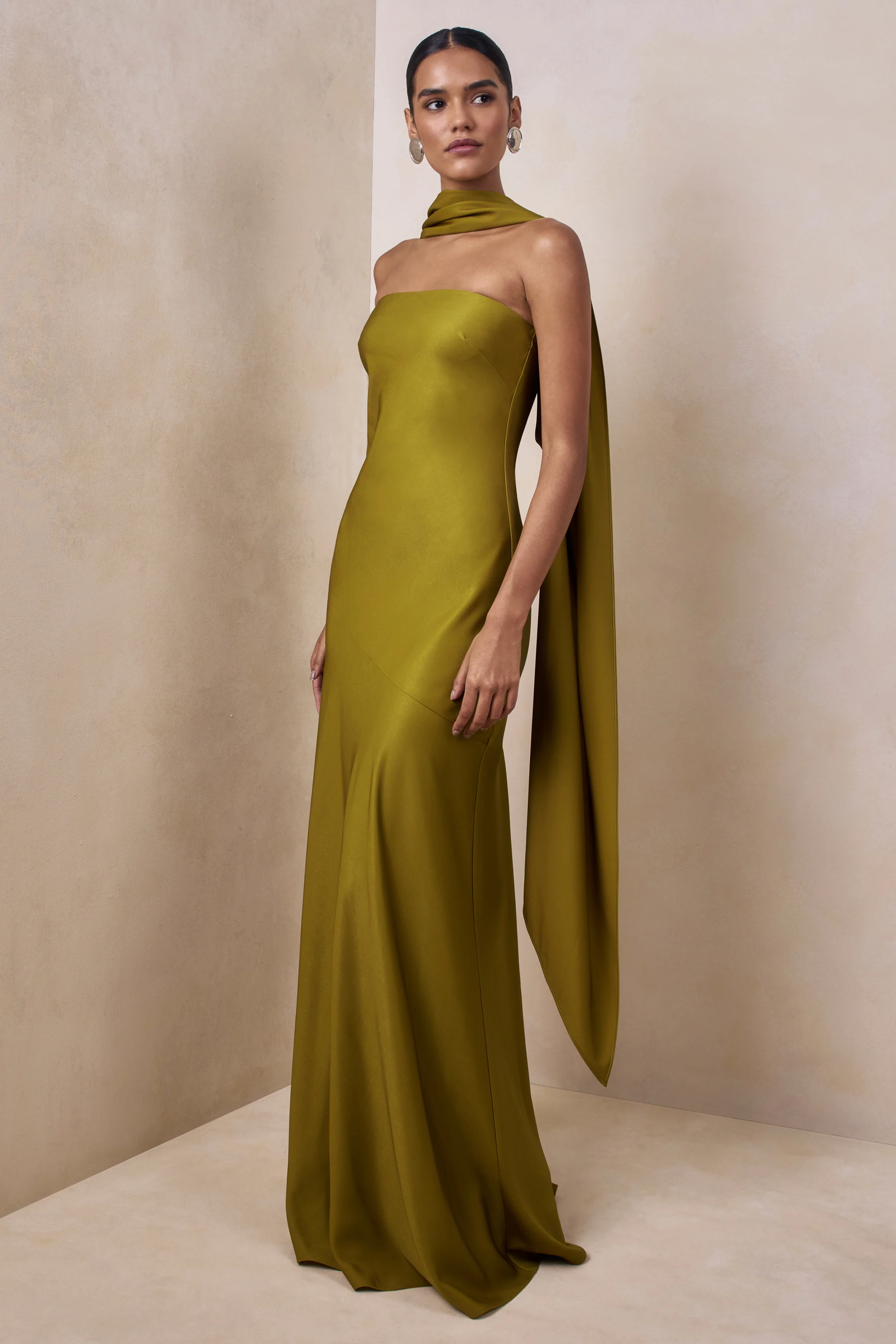 Charly | Olive Satin Bandeau Maxi Dress With Scarf-Detail - Image 2