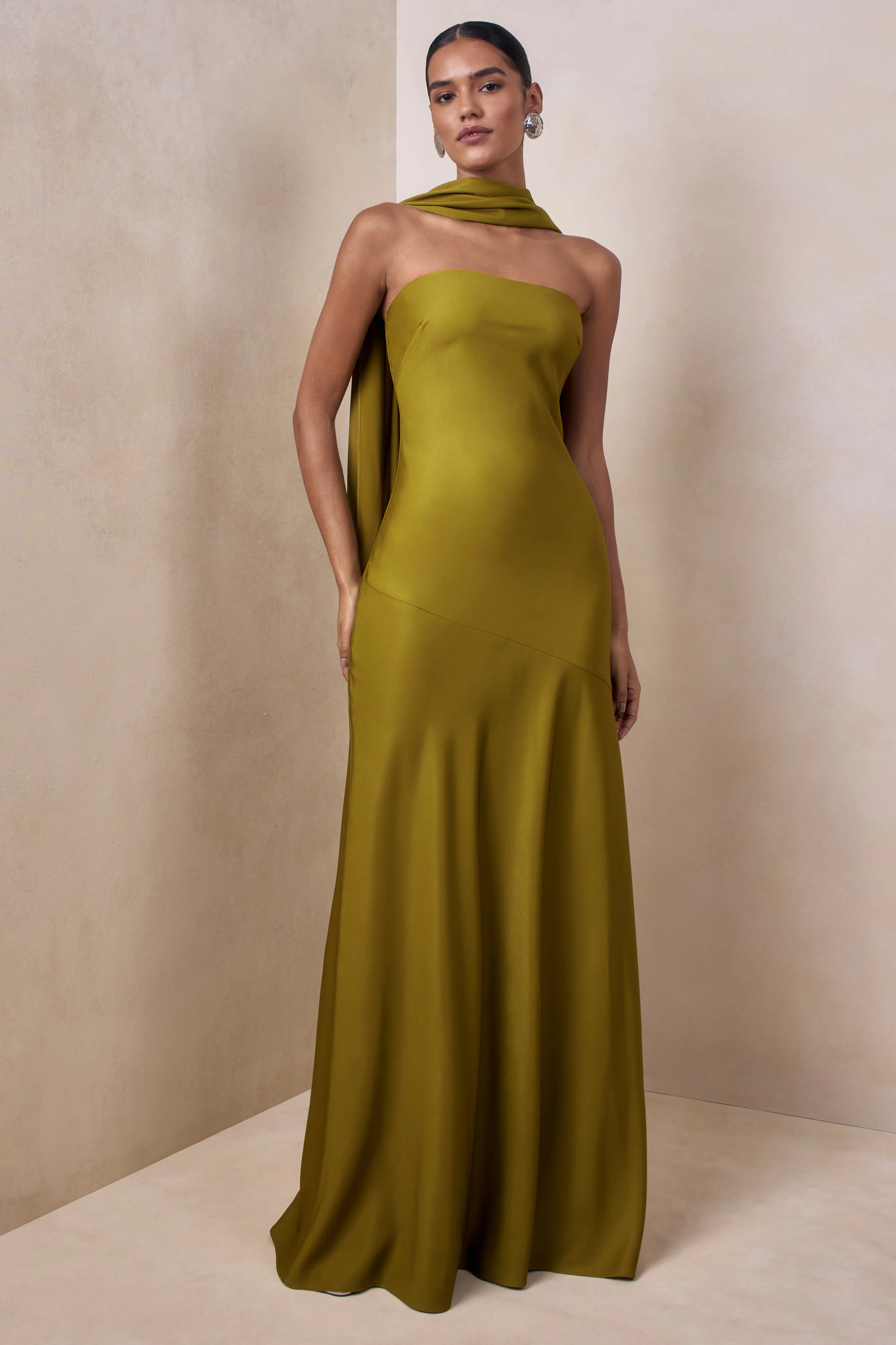 Charly | Olive Satin Bandeau Maxi Dress With Scarf-Detail - Image 4