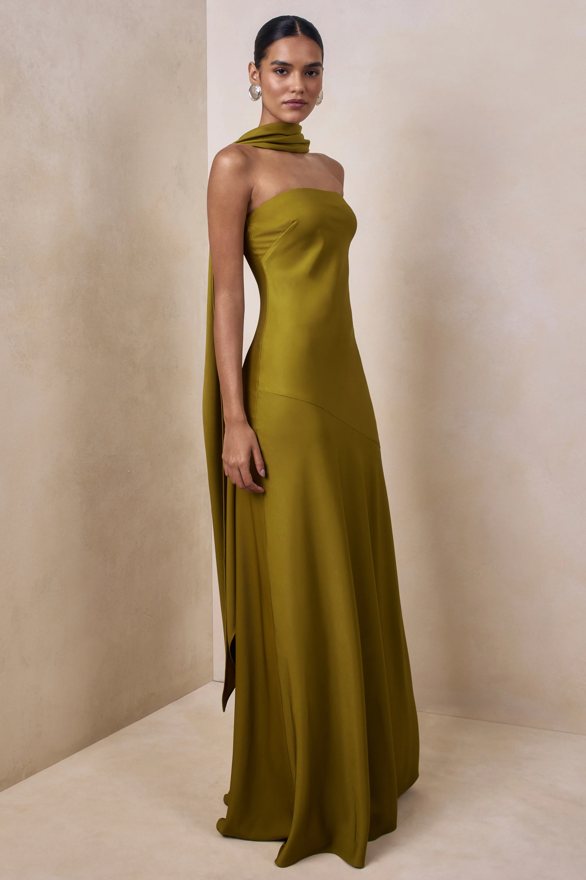 Charly | Olive Satin Bandeau Maxi Dress With Scarf-Detail - Image 5