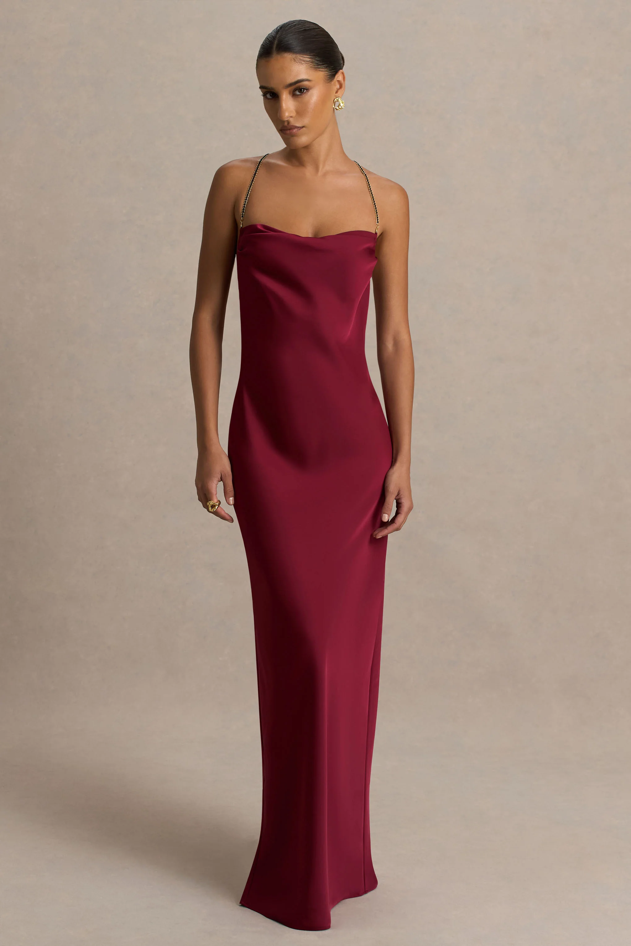 Cher | Burgundy Satin Square-Neck Maxi Dress With Embellished-Detailed Open-Back - Image 2