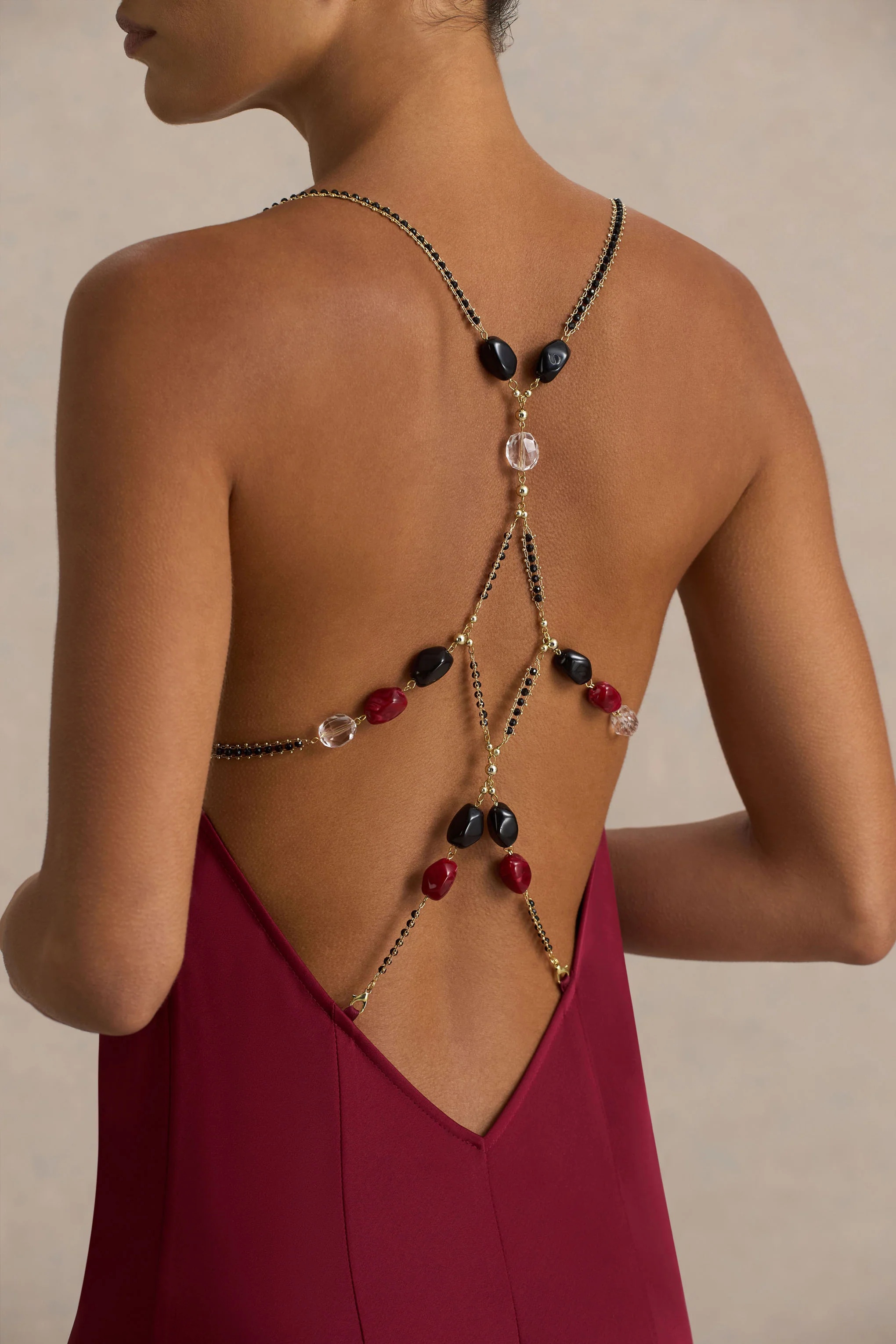 Cher | Burgundy Satin Square-Neck Maxi Dress With Embellished-Detailed Open-Back - Image 3
