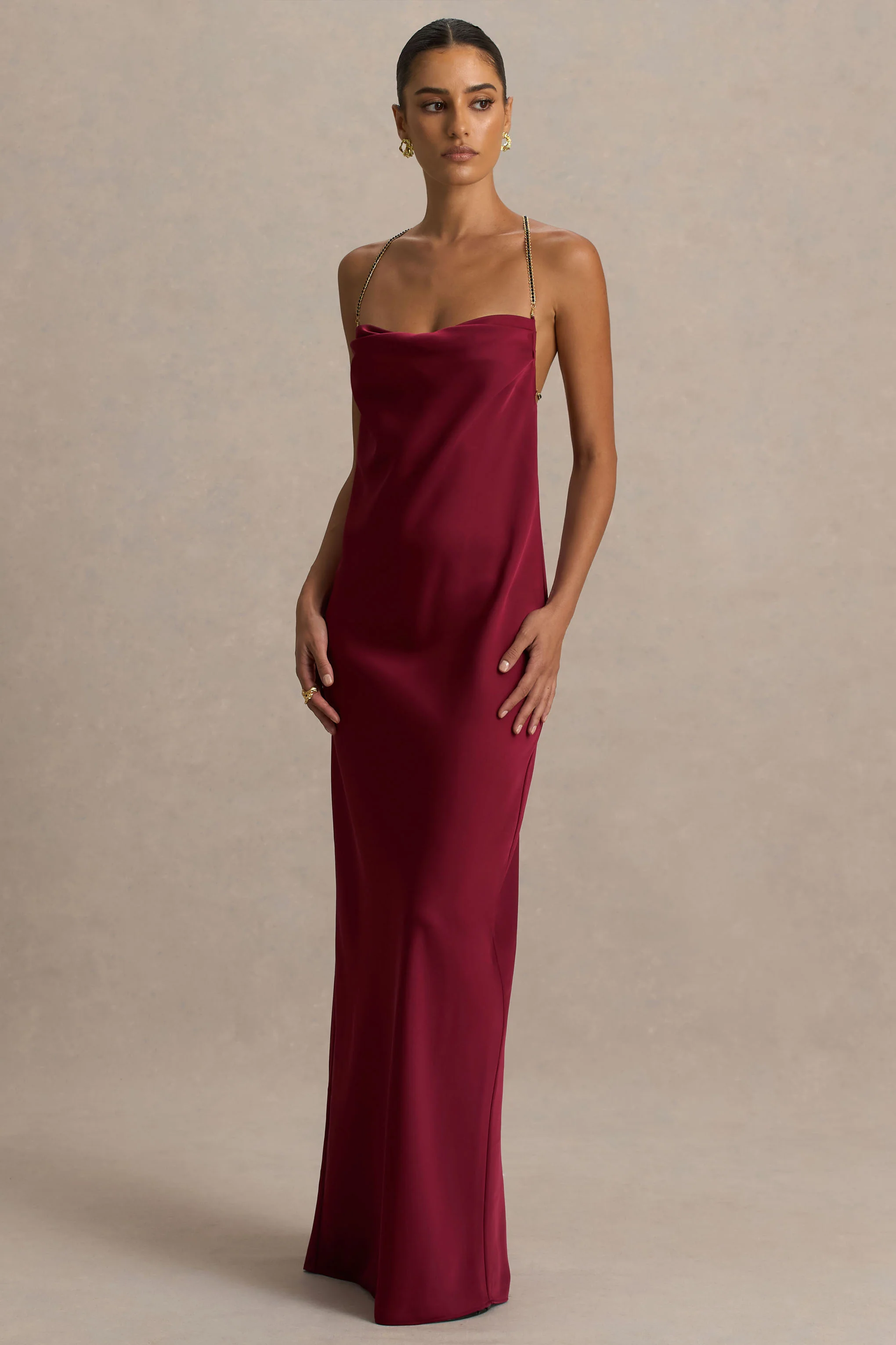 Cher | Burgundy Satin Square-Neck Maxi Dress With Embellished-Detailed Open-Back - Image 4