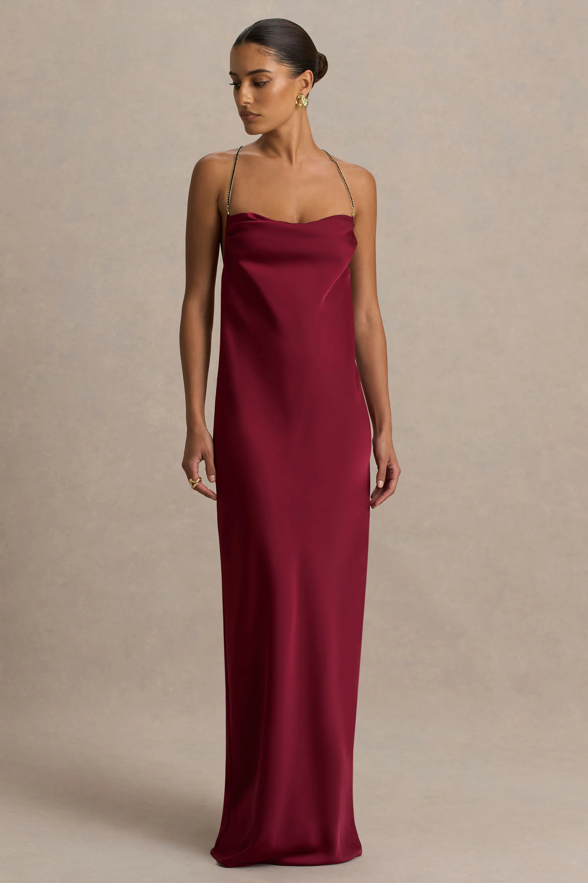 Cher | Burgundy Satin Square-Neck Maxi Dress With Embellished-Detailed Open-Back - Image 5
