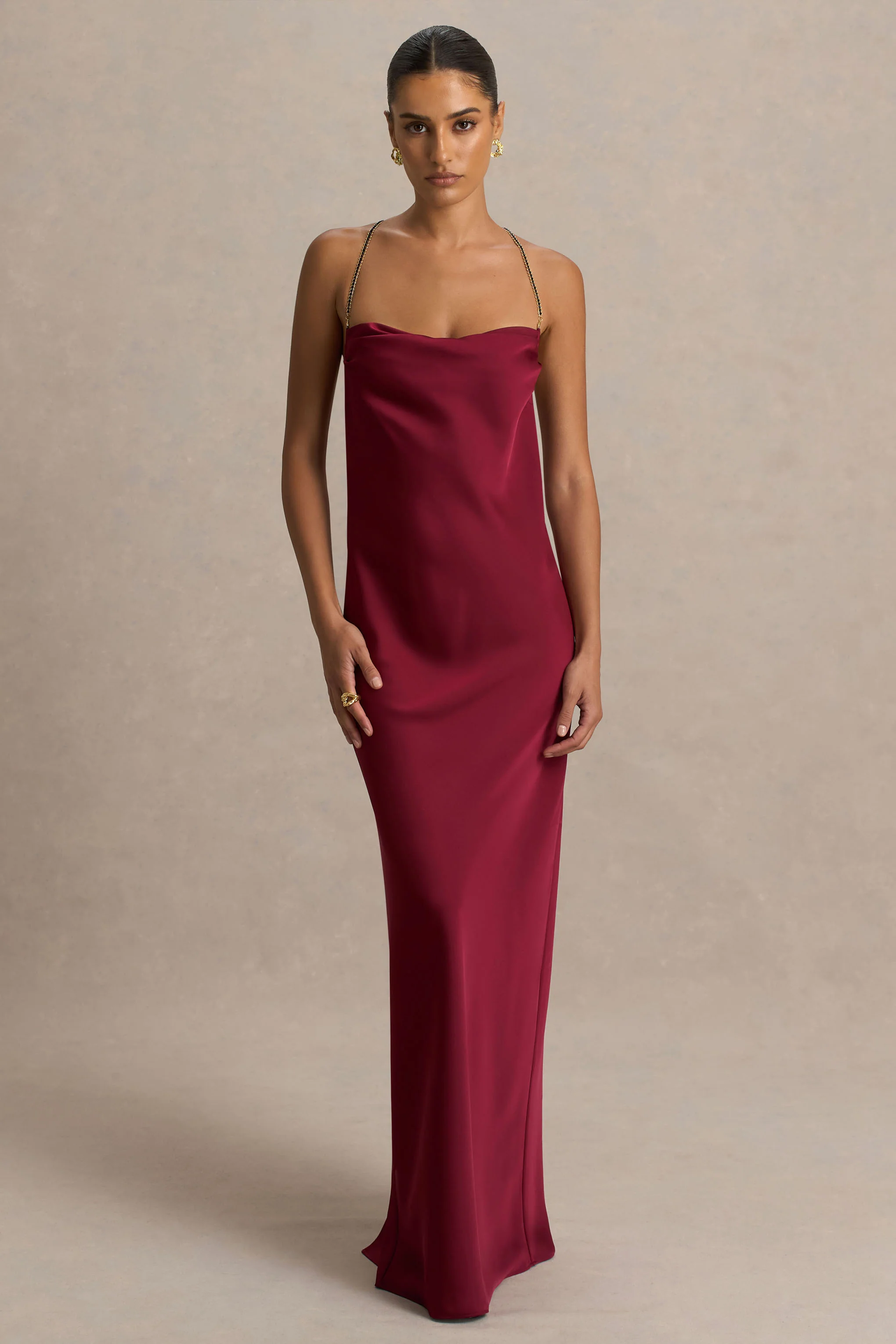 Cher | Burgundy Satin Square-Neck Maxi Dress With Embellished-Detailed Open-Back - Image 6