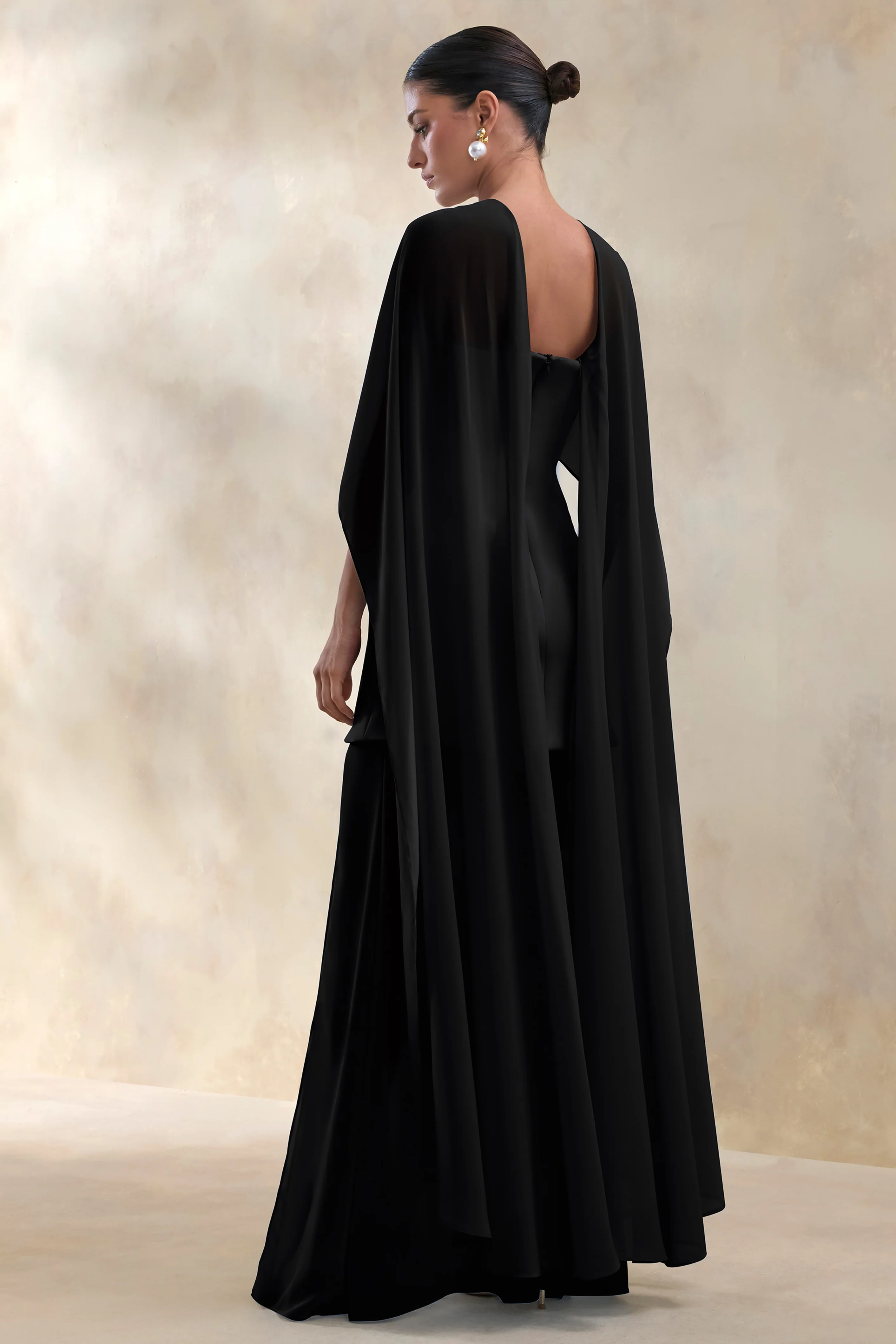 Chessa | Black Slashed-Neck Maxi Dress With Sheer Cape - Image 2