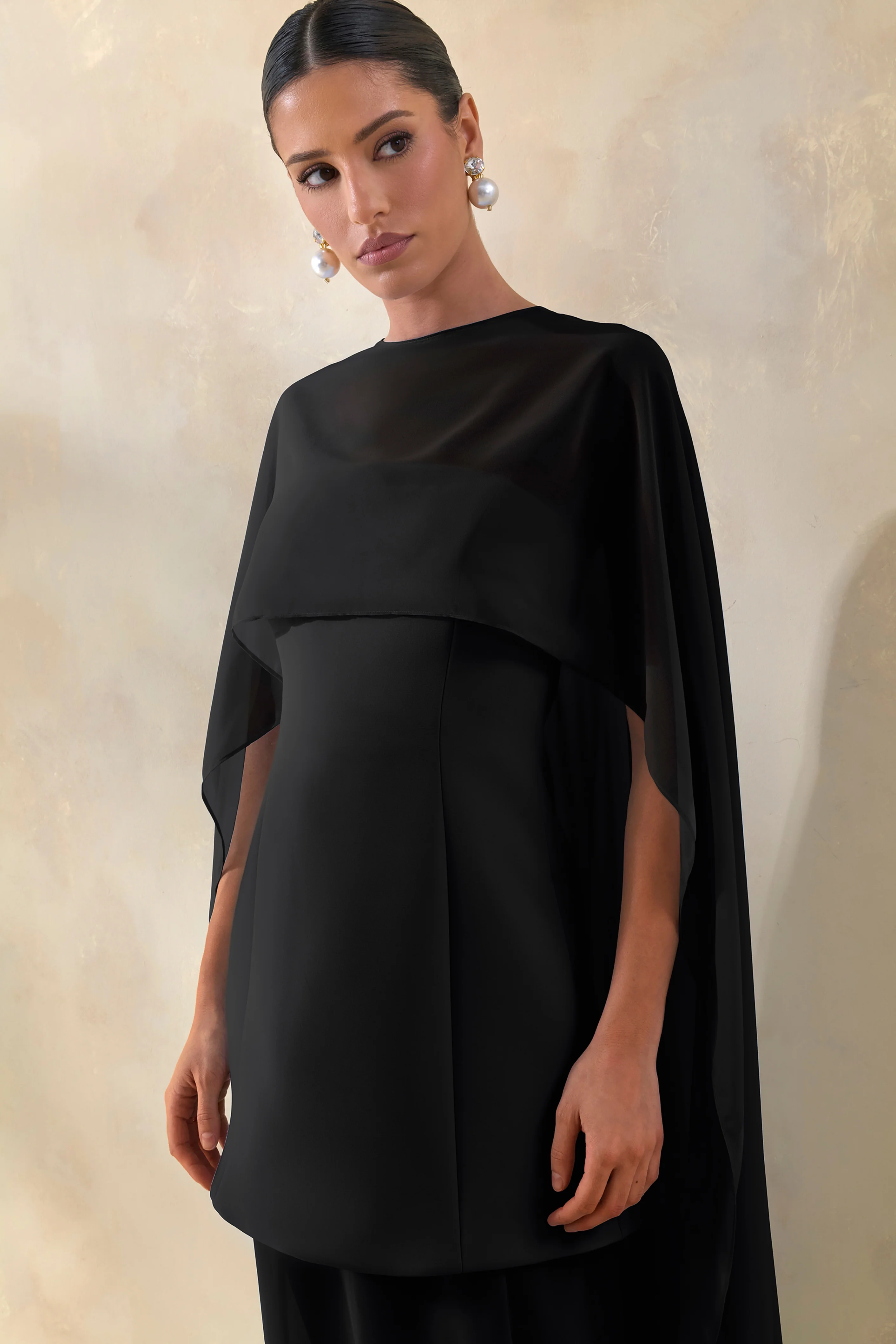 Chessa | Black Slashed-Neck Maxi Dress With Sheer Cape - Image 3