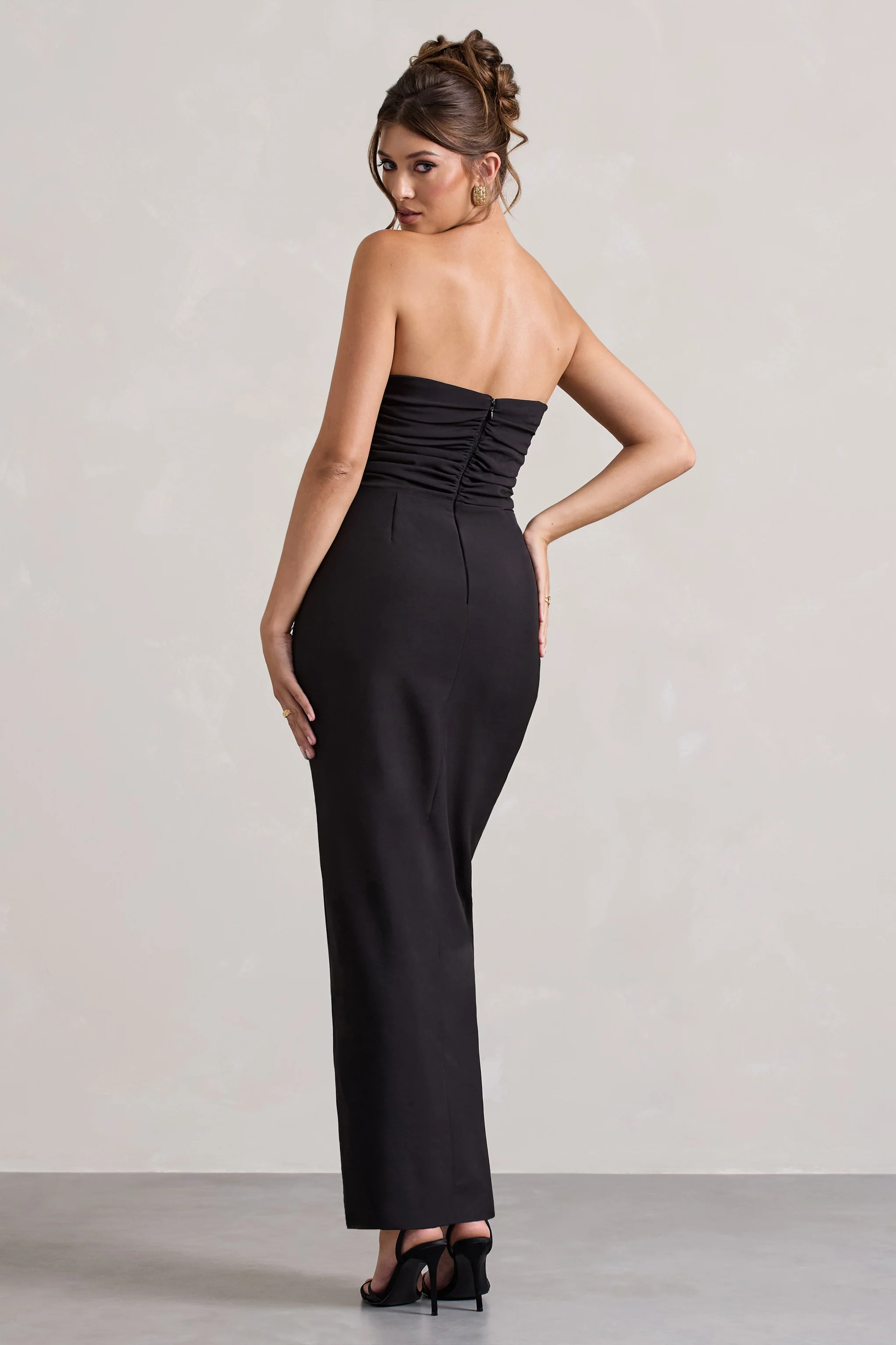 Chosen | Black Bandeau Wrap Maxi Dress With Feather Trim - Image 2