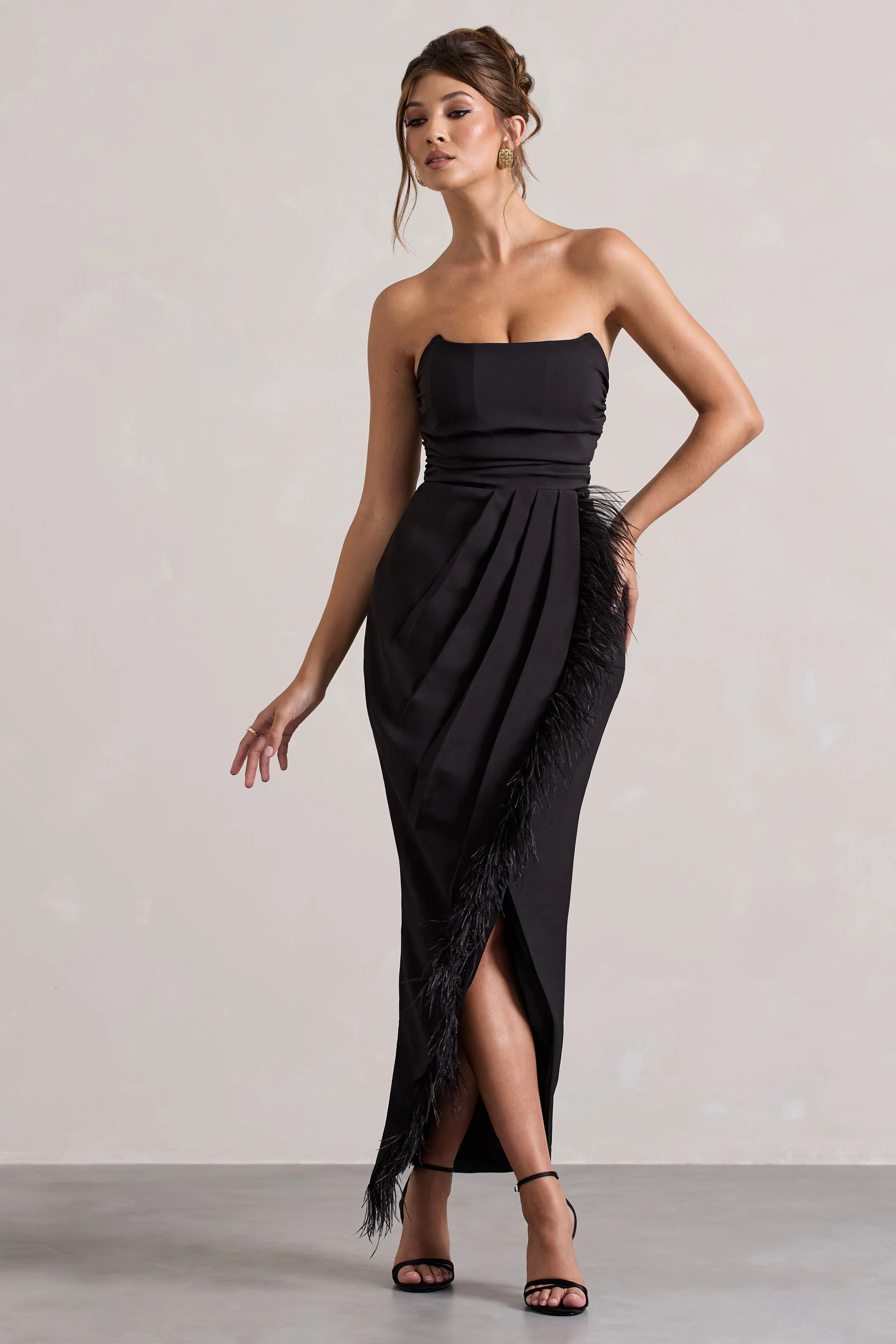 Chosen | Black Bandeau Wrap Maxi Dress With Feather Trim - Image 4
