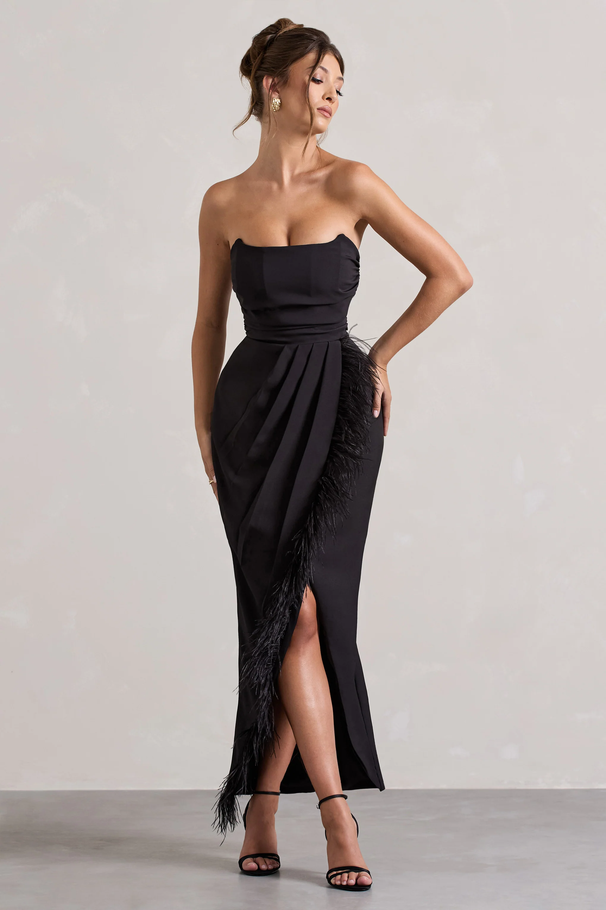 Chosen | Black Bandeau Wrap Maxi Dress With Feather Trim - Image 5