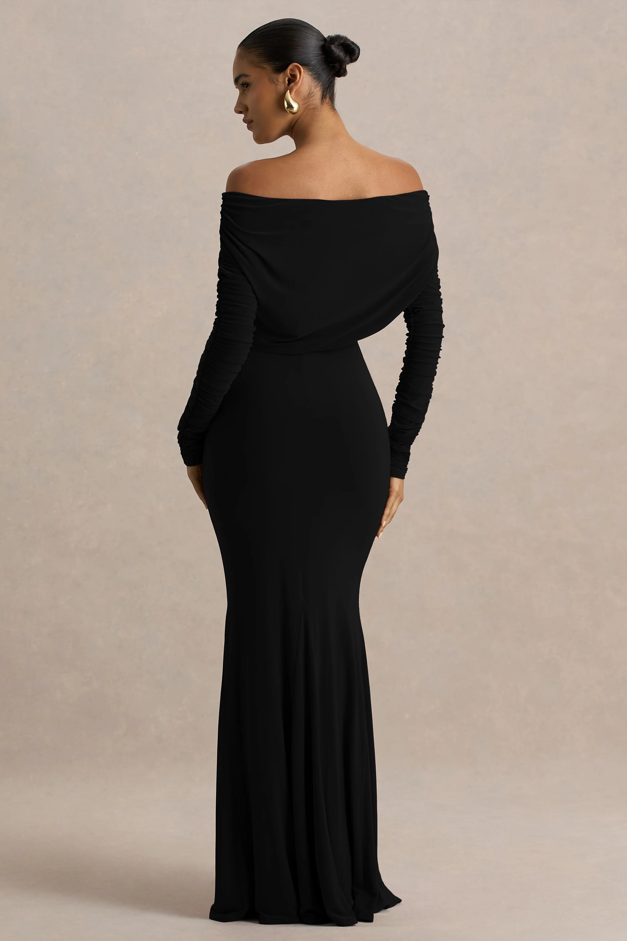 Cilla | Black Bardot-Neck Maxi Dress With Ruched Detailing - Image 3