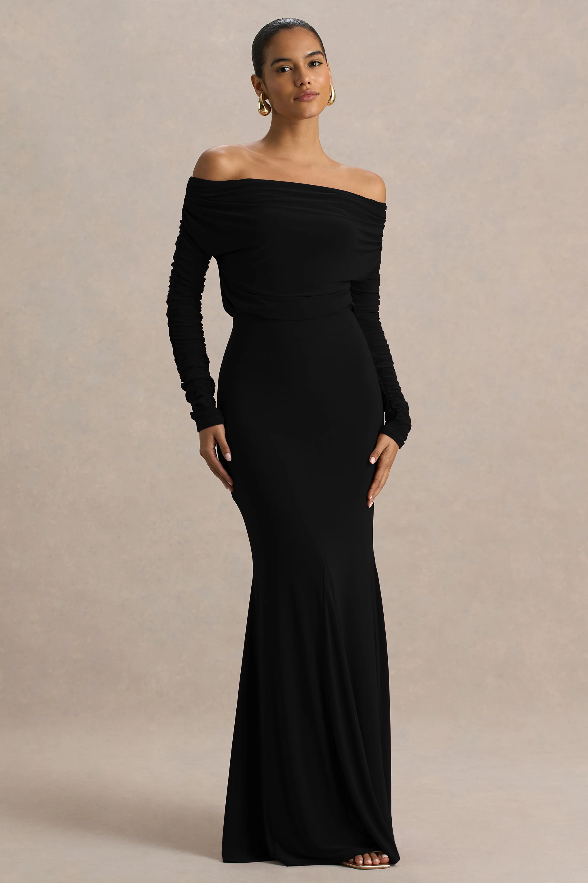 Cilla | Black Bardot-Neck Maxi Dress With Ruched Detailing - Image 4