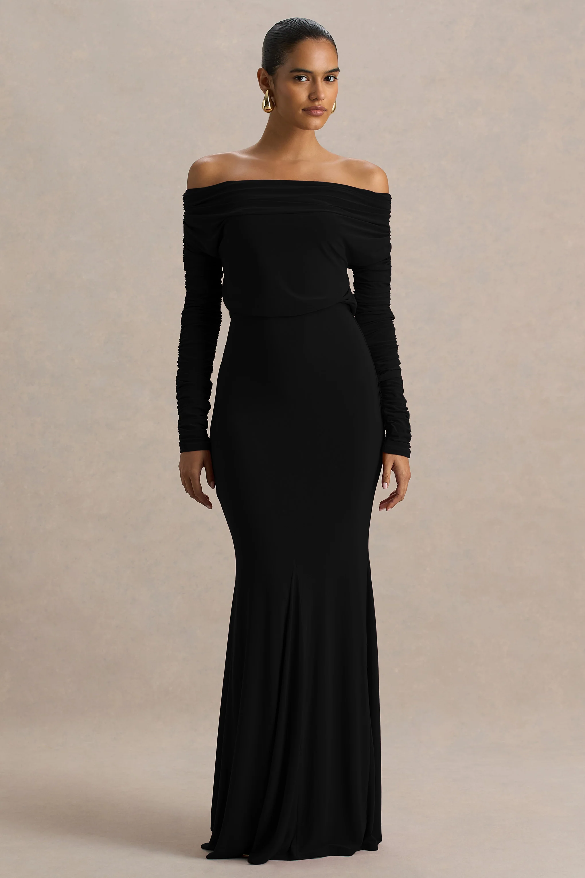 Cilla | Black Bardot-Neck Maxi Dress With Ruched Detailing - Image 5