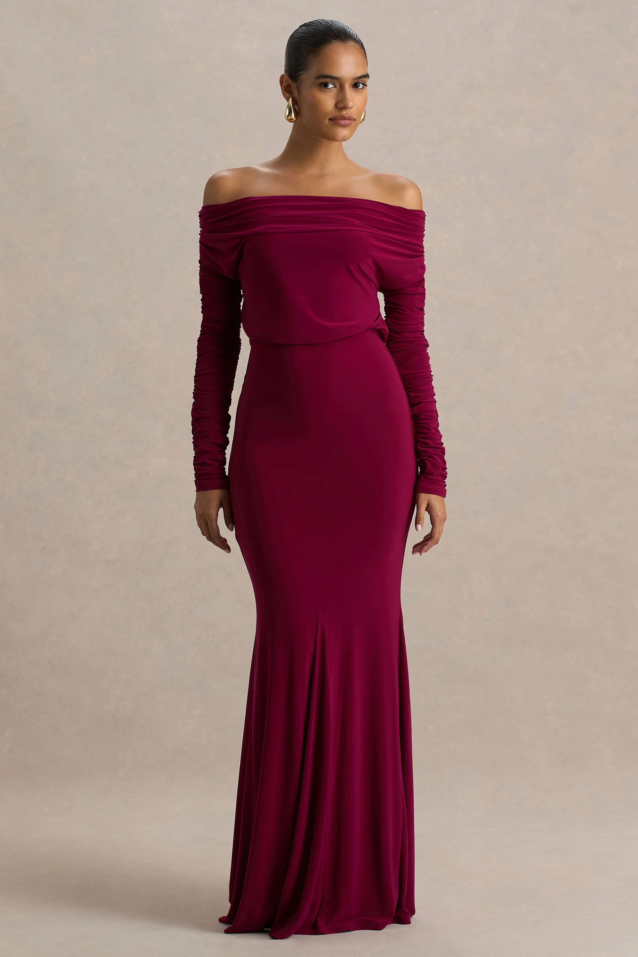 Cilla | Burgundy Bardot-Neck Maxi Dress With Ruched Detailing - Image 3