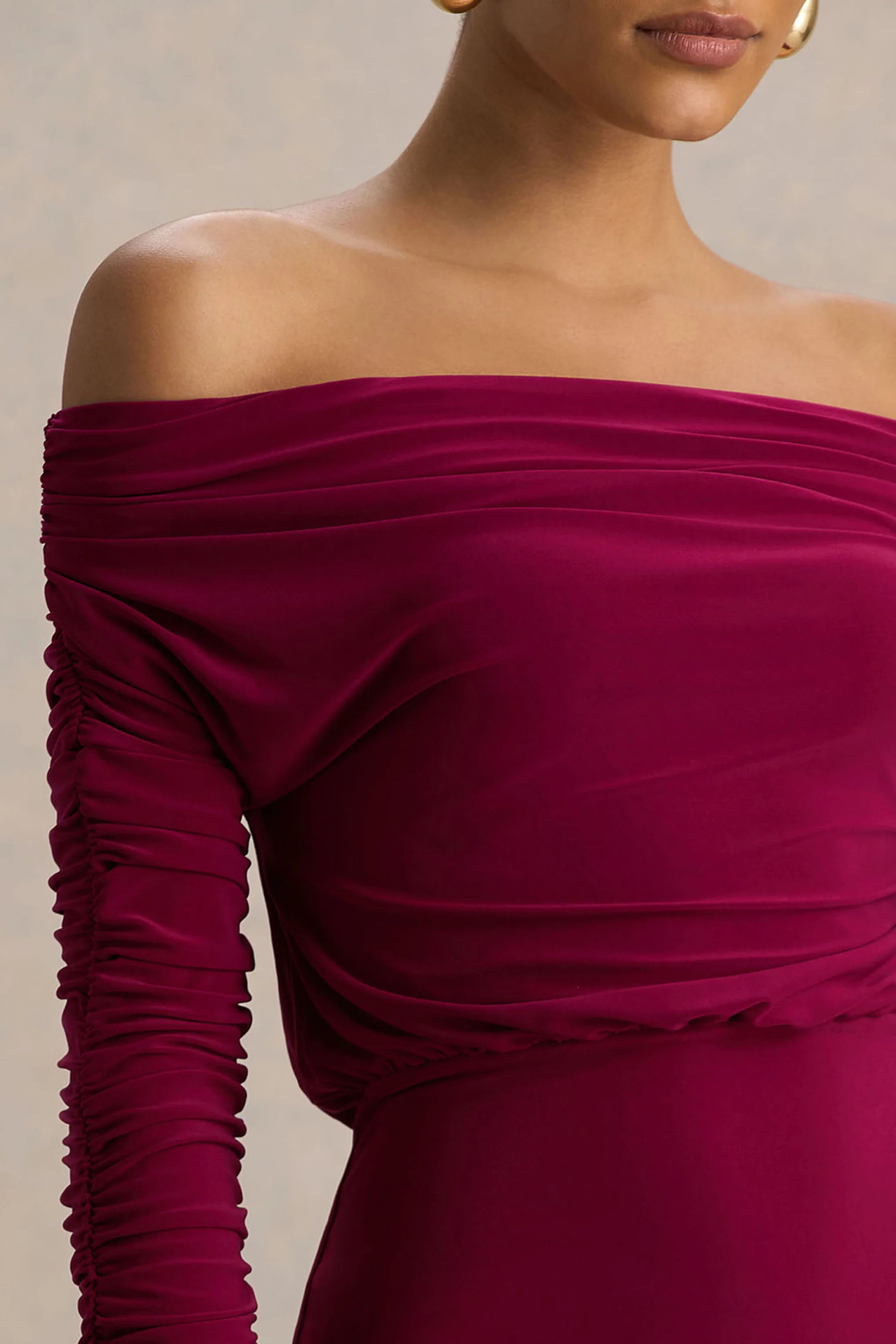 Cilla | Burgundy Bardot-Neck Maxi Dress With Ruched Detailing - Image 4