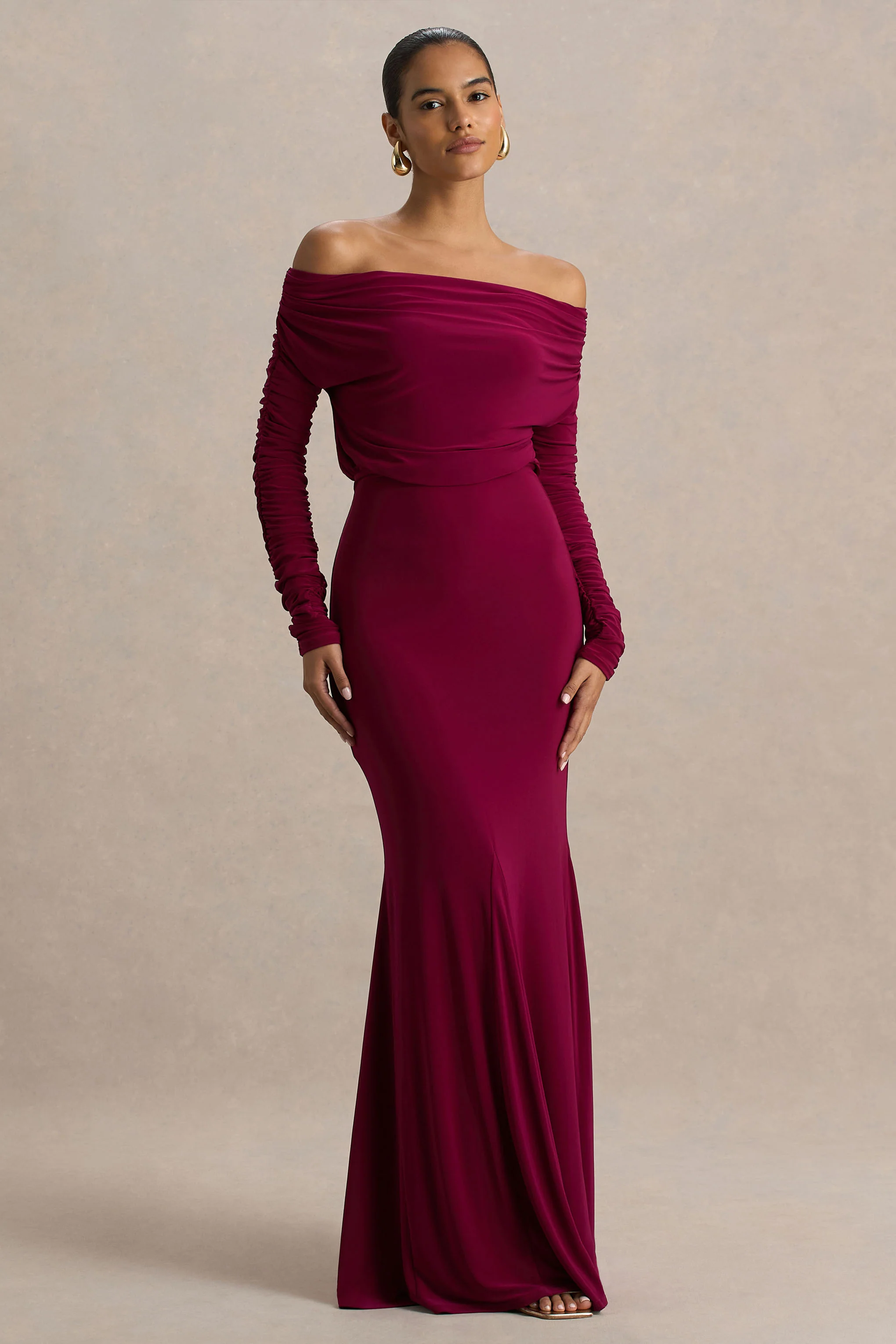 Cilla | Burgundy Bardot-Neck Maxi Dress With Ruched Detailing - Image 5