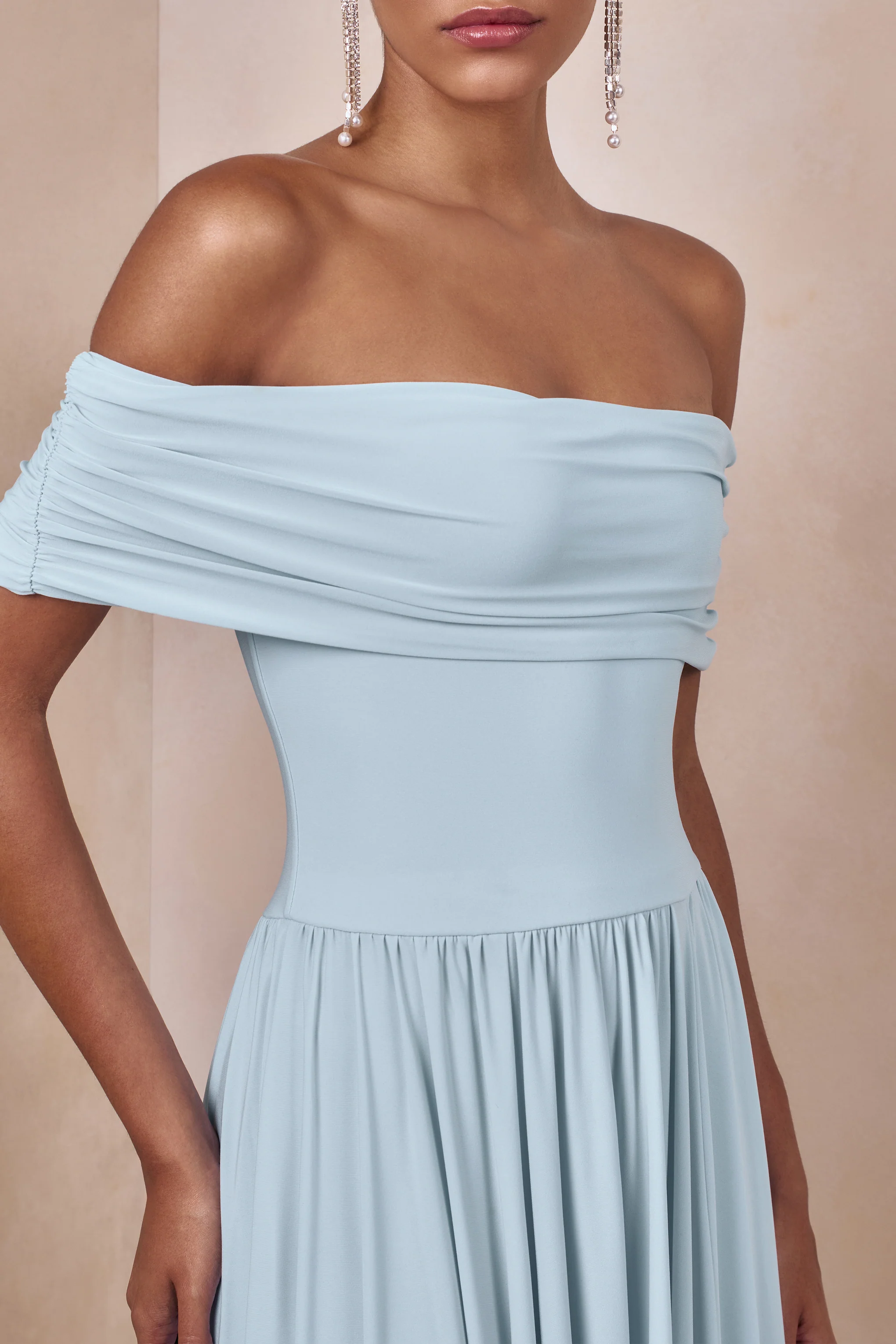 Cindie | Powder Blue Bardot-Neck Maxi Dress - Image 3