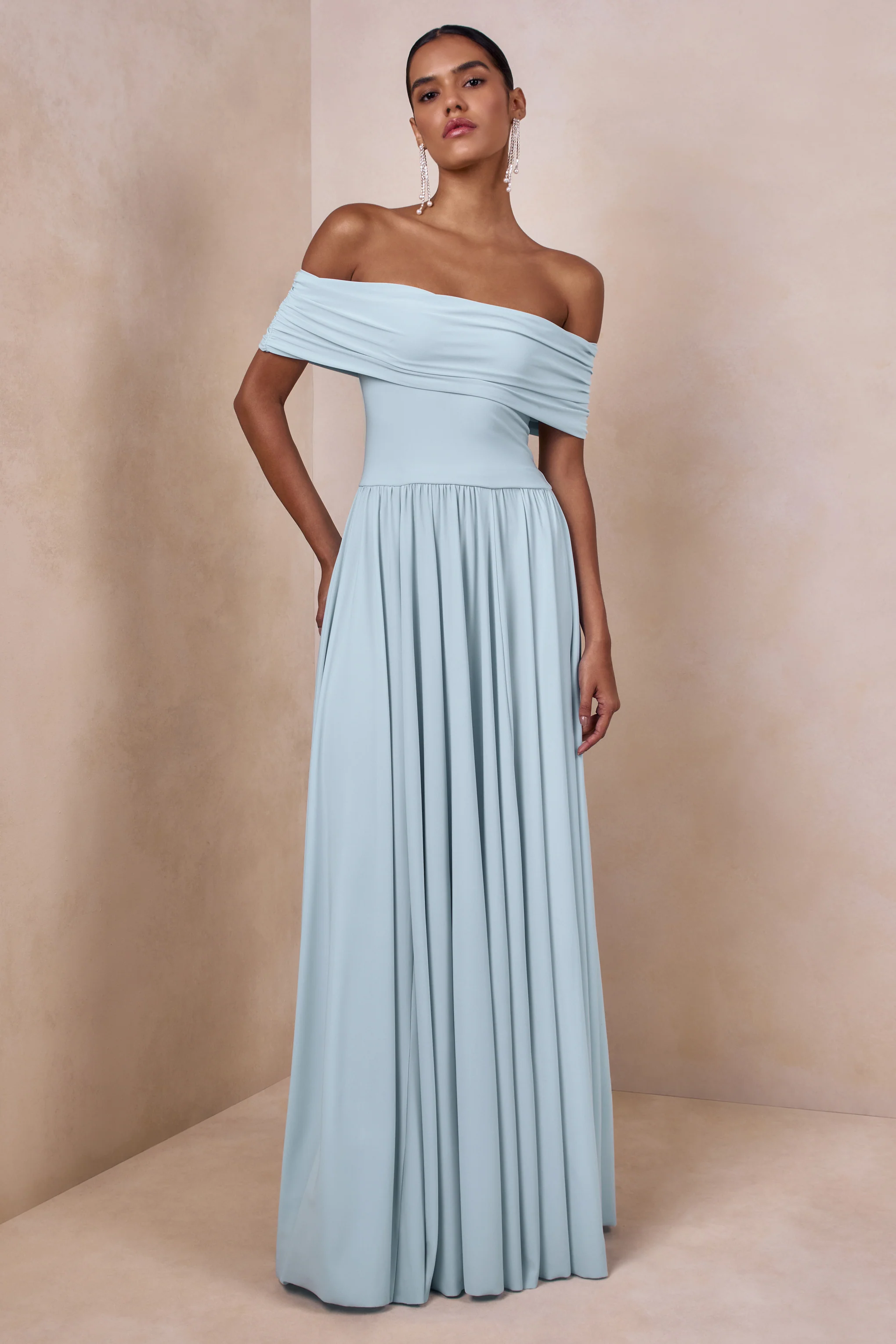 Cindie | Powder Blue Bardot-Neck Maxi Dress - Image 4