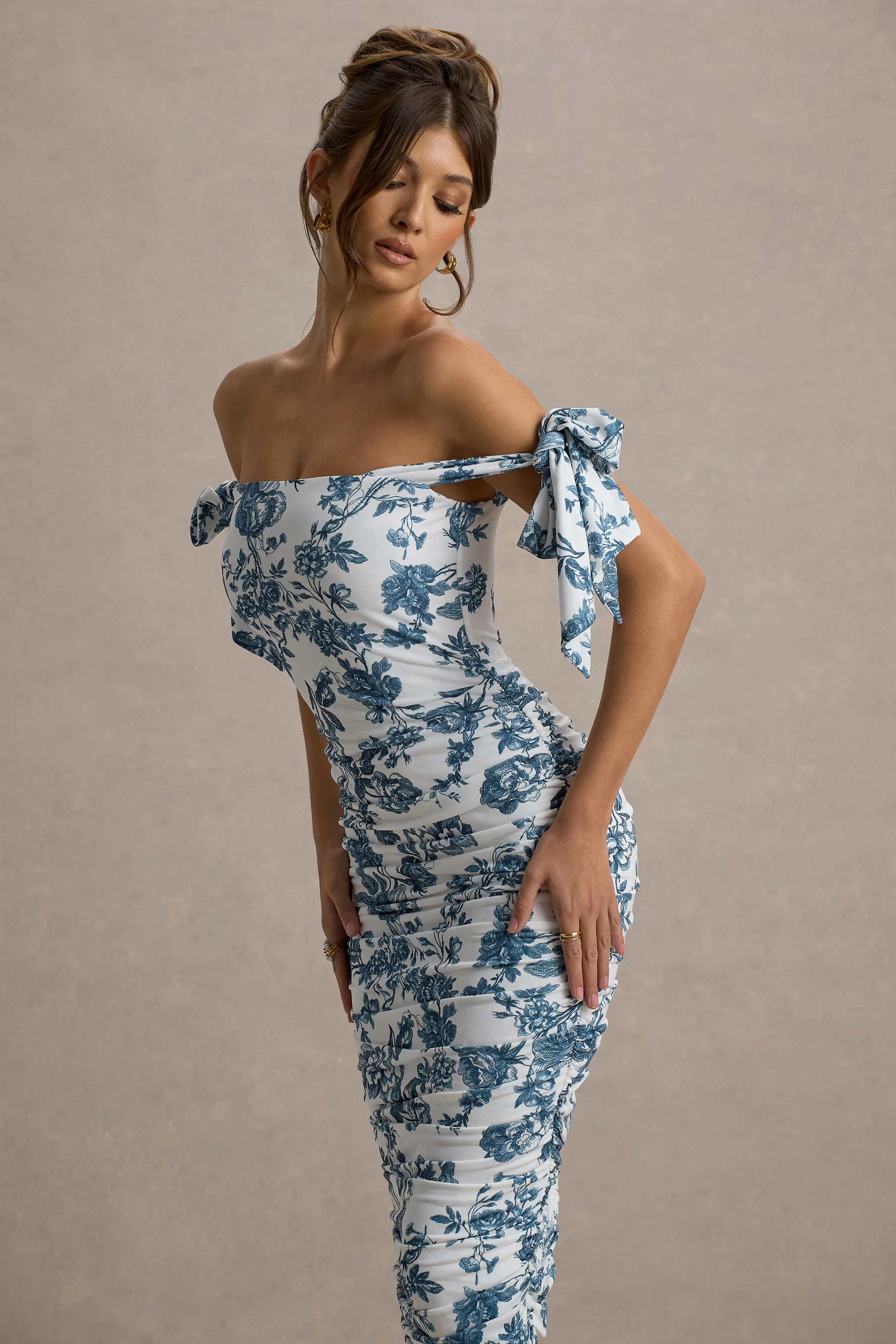 Citrus | Blue Porcelain Print Bardot Bodycon Midi Dress With Bow Sleeves - Image 3