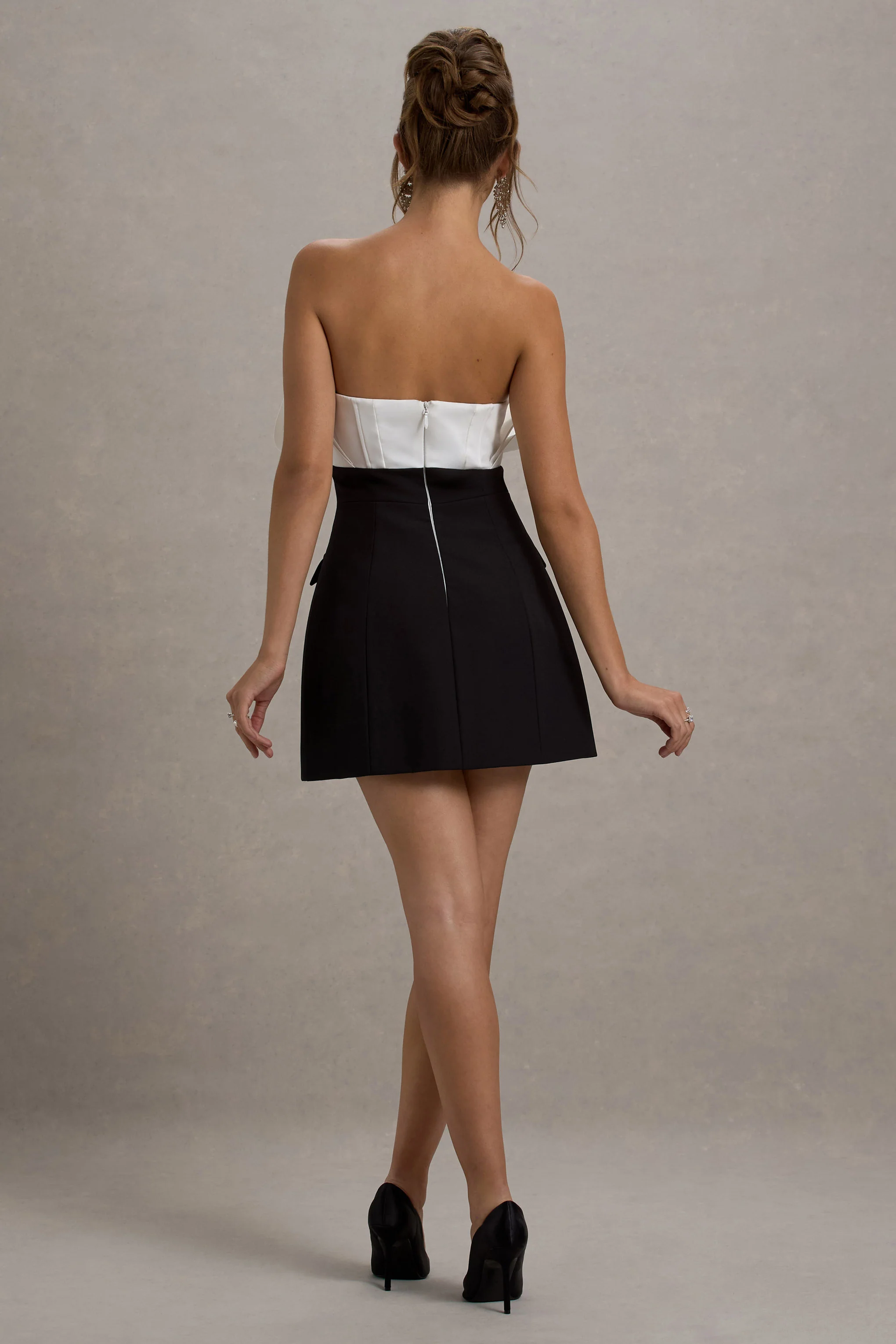 Clare | Black & White Ruffled Strapless Tailored Mini Dress - Image 3