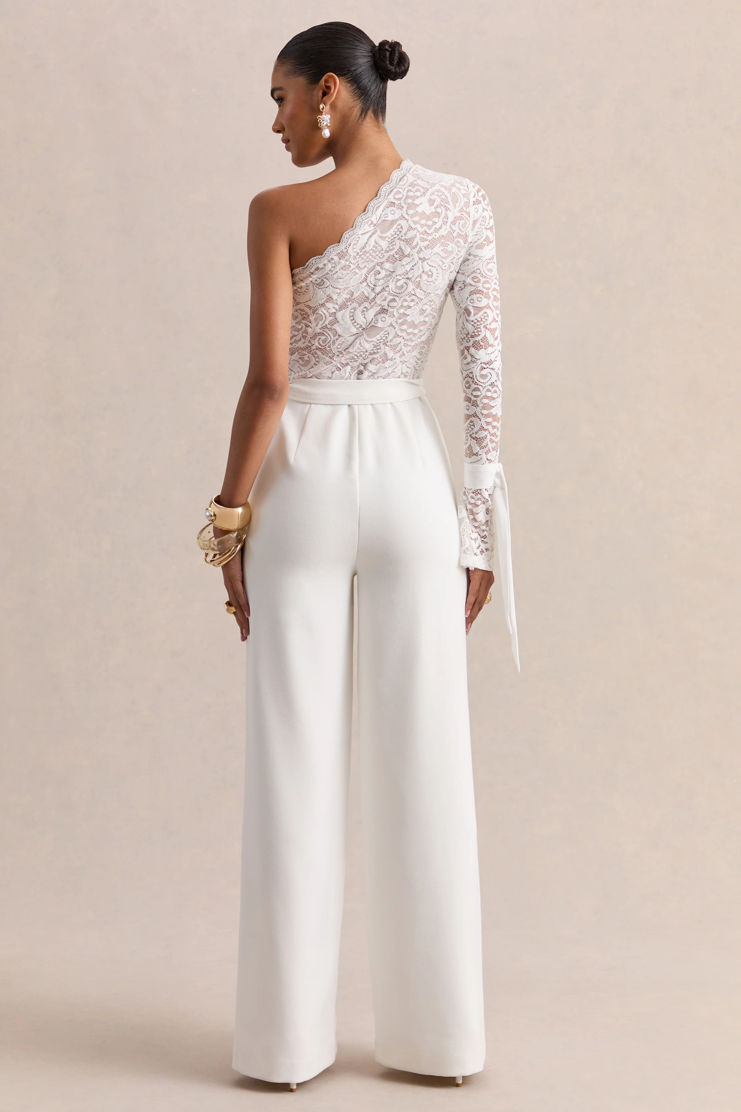 Clarence | White Lace Asymmetric-Neck Jumpsuit With Bow-Details - Image 2