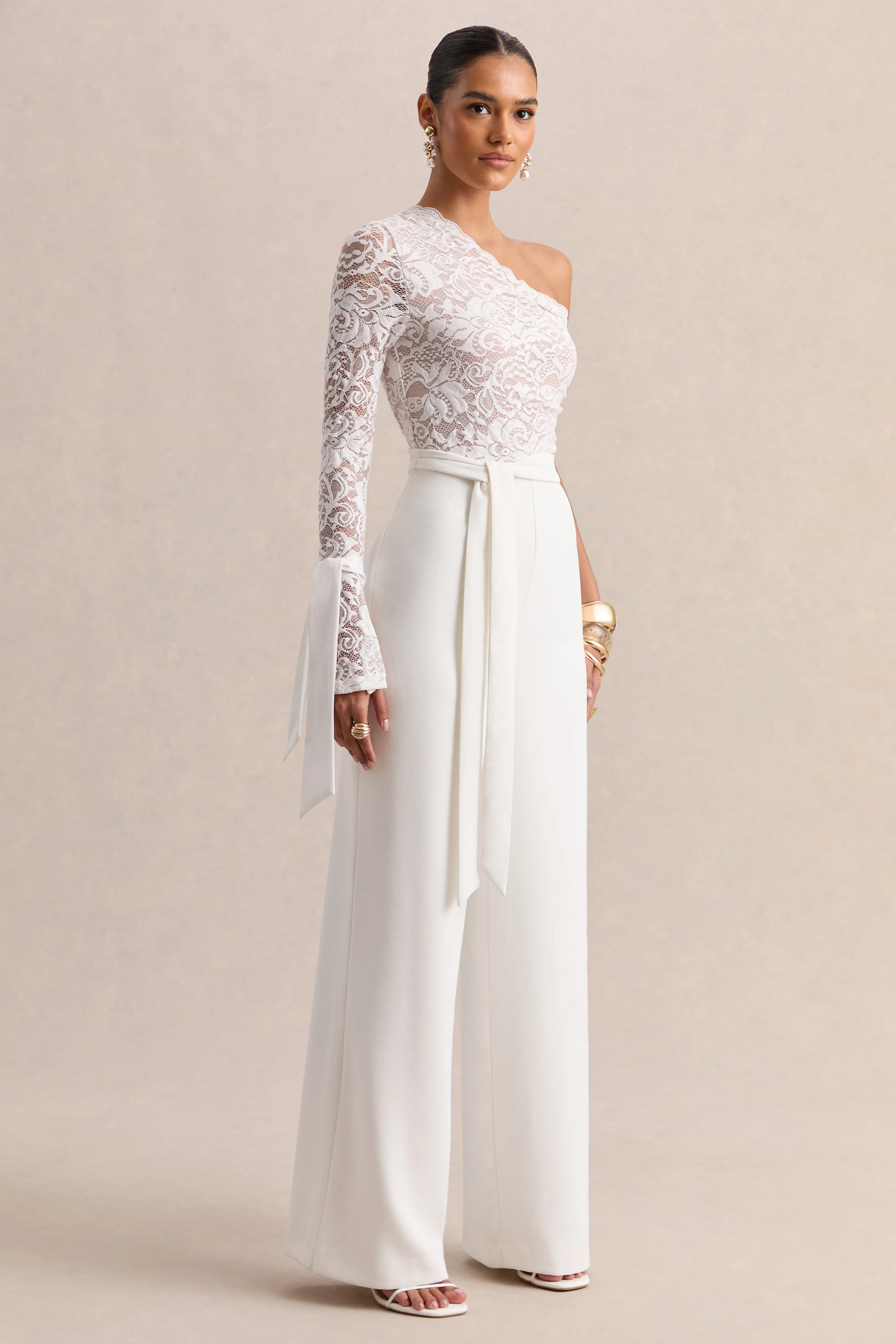 Clarence | White Lace Asymmetric-Neck Jumpsuit With Bow-Details - Image 4