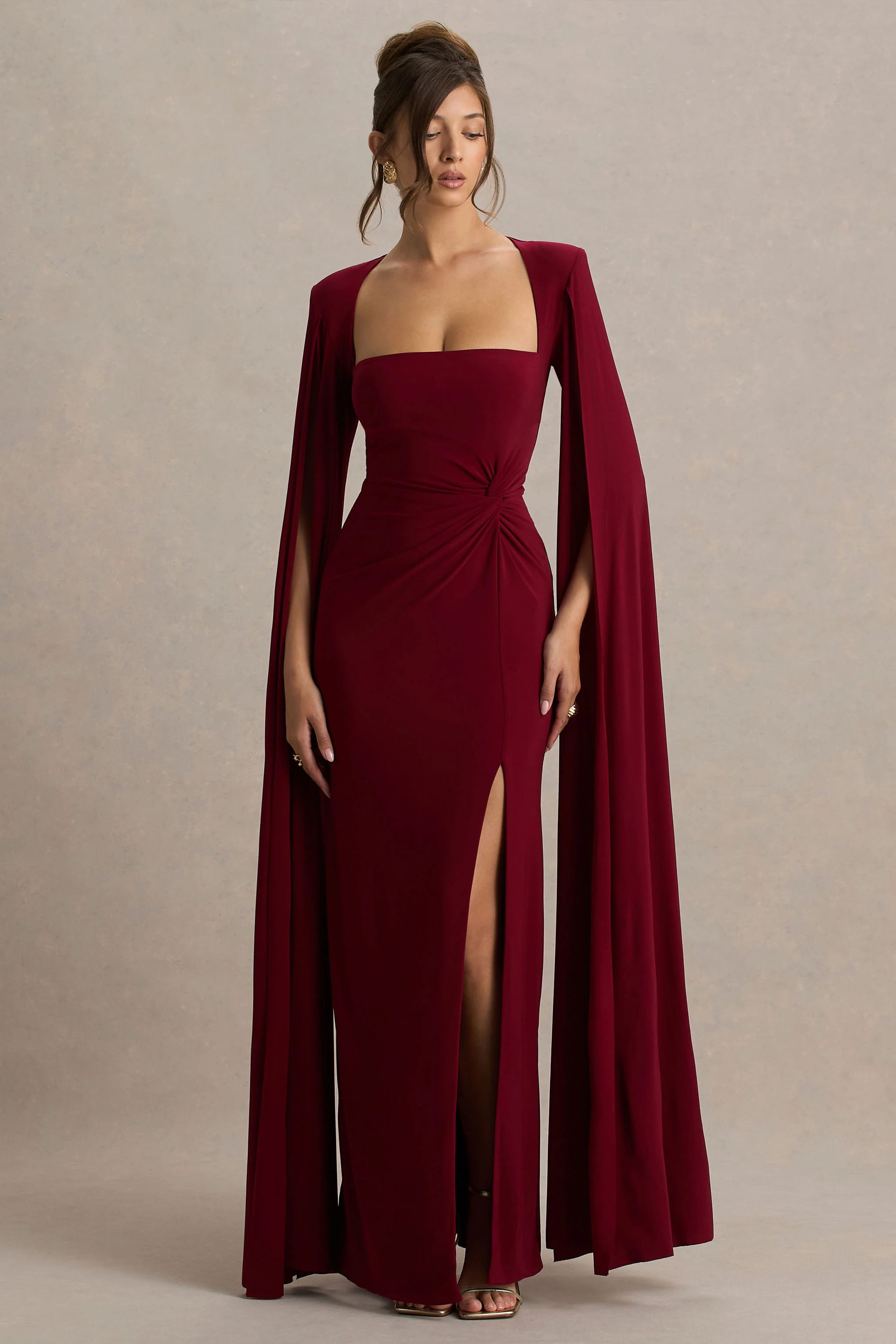 Claretta | Berry Square Neck Twisted Maxi Dress With Cape Sleeves - Image 3