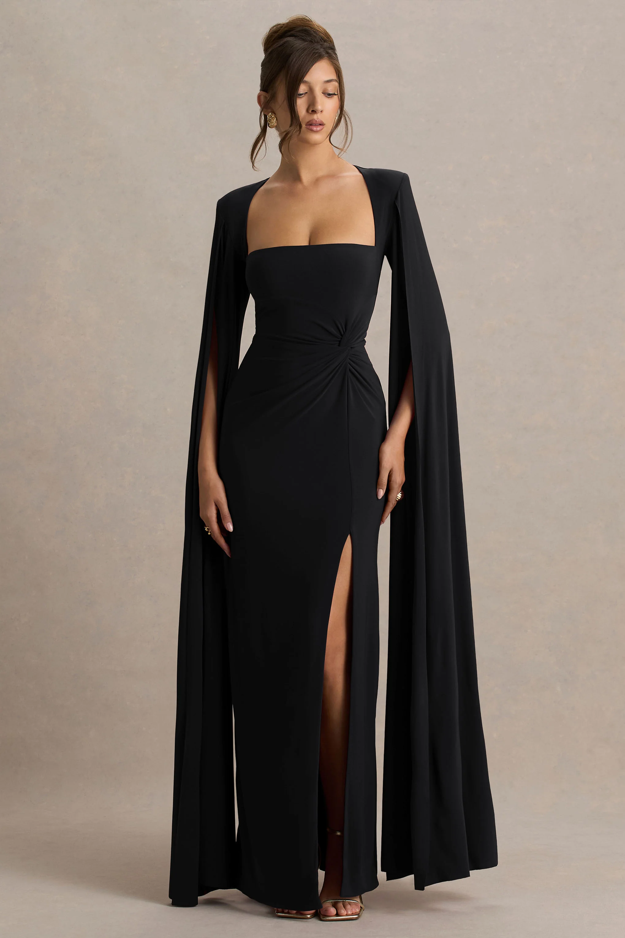 Claretta | Black Square Neck Twisted Maxi Dress With Cape Sleeves - Image 5