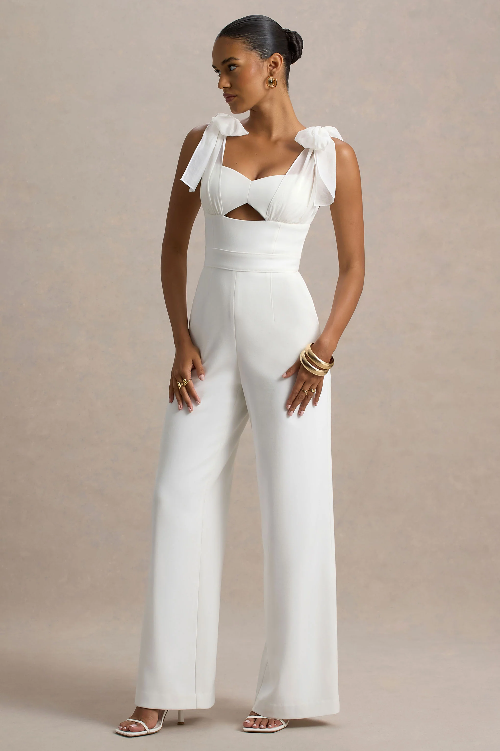 Claudelle | White Flared-Leg Jumpsuit With Organza Bow Straps - Image 5