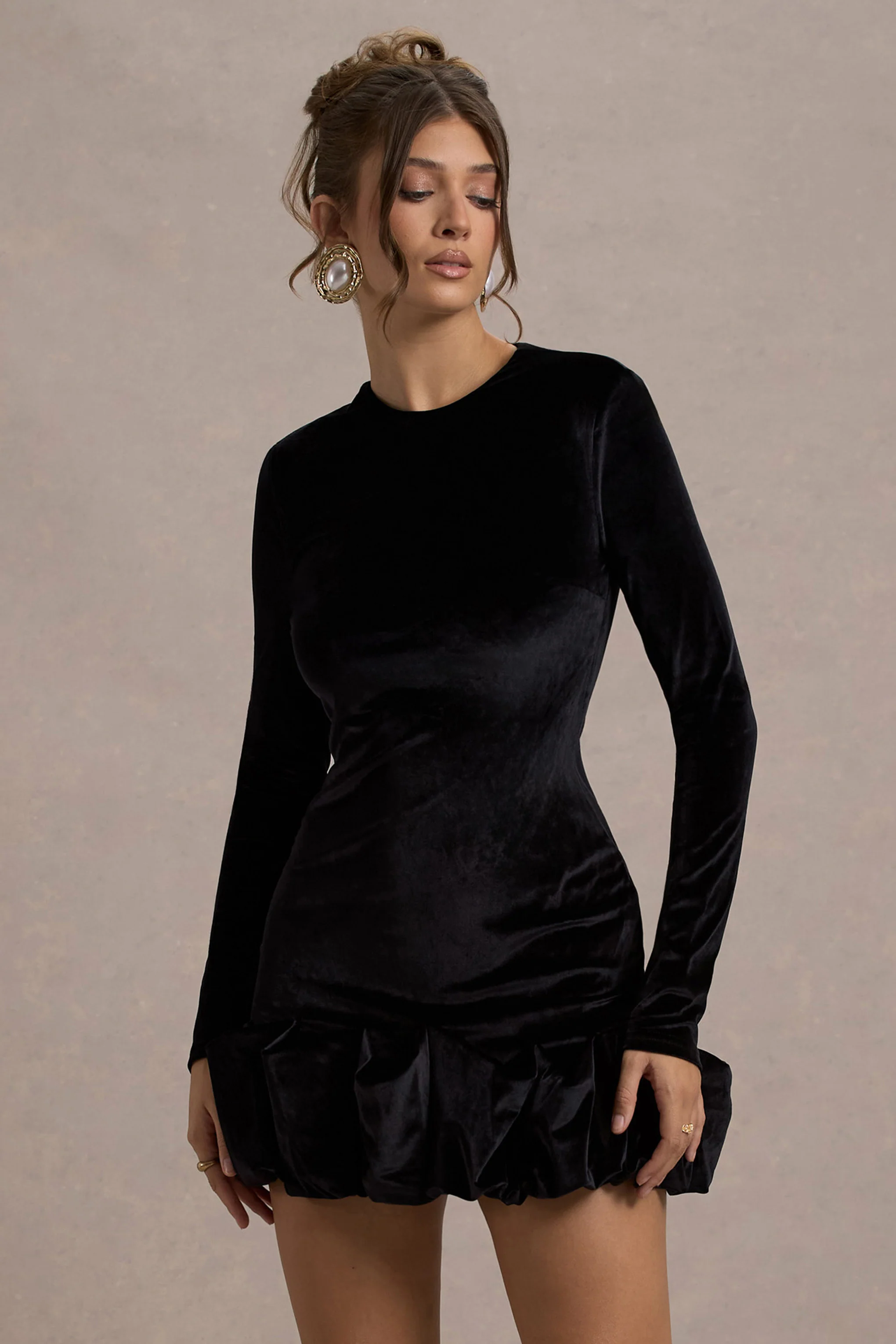 Claudine | Black Velvet Long-Sleeved Ruffled Mini Dress - Image 4