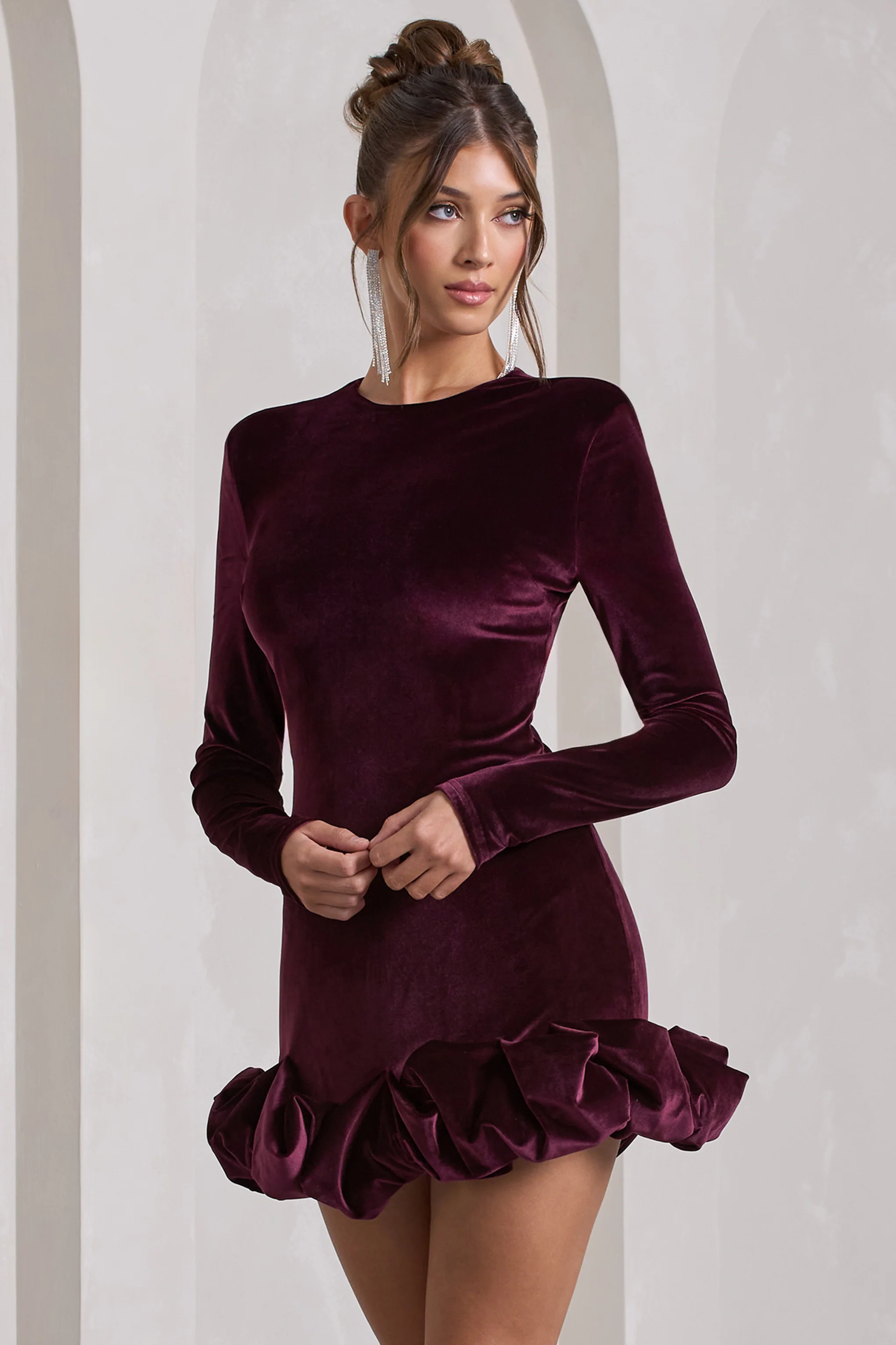 Claudine | Port Velvet Long-Sleeved Ruffled Mini Dress - Image 4
