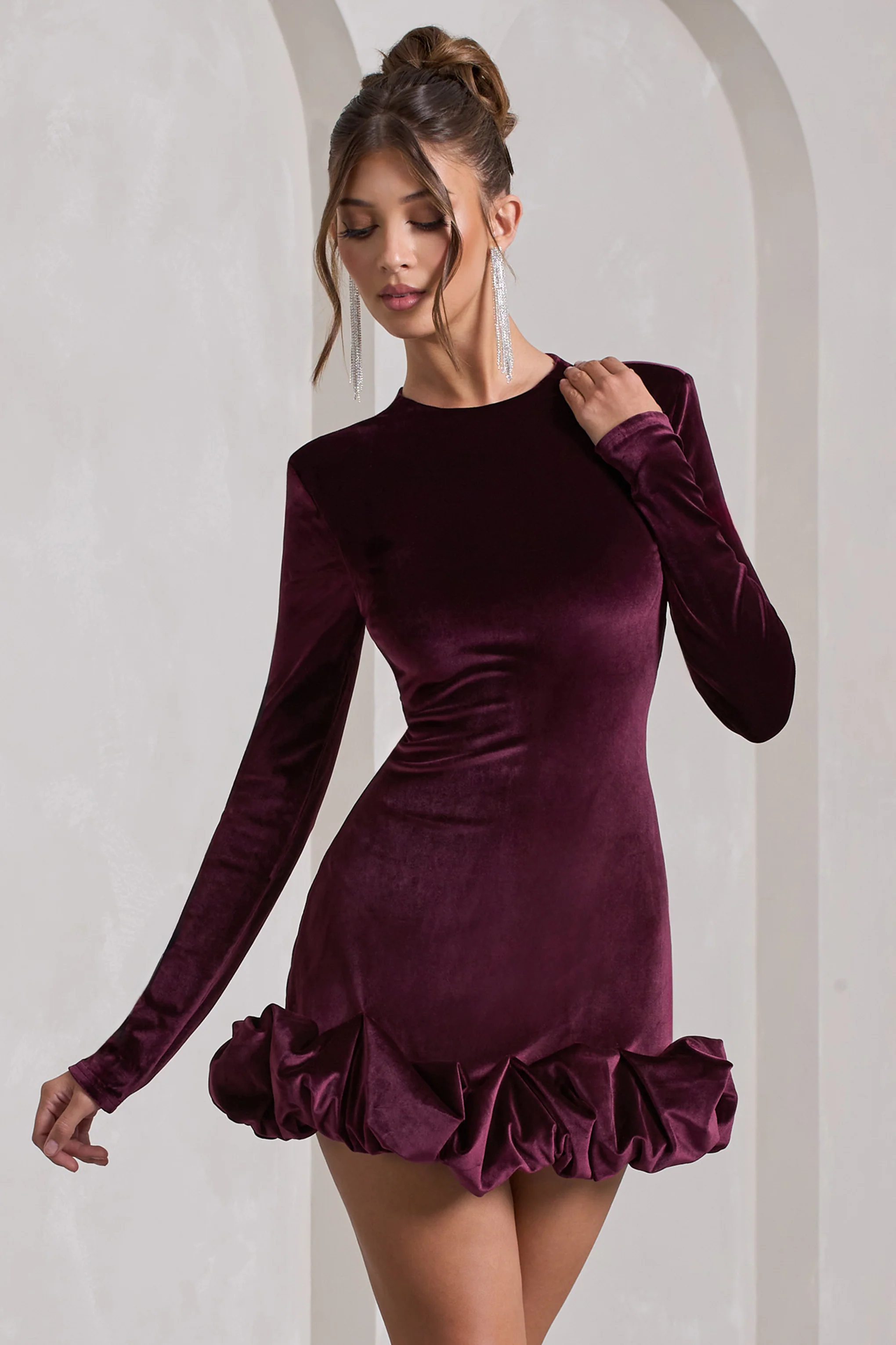 Claudine | Port Velvet Long-Sleeved Ruffled Mini Dress - Image 5