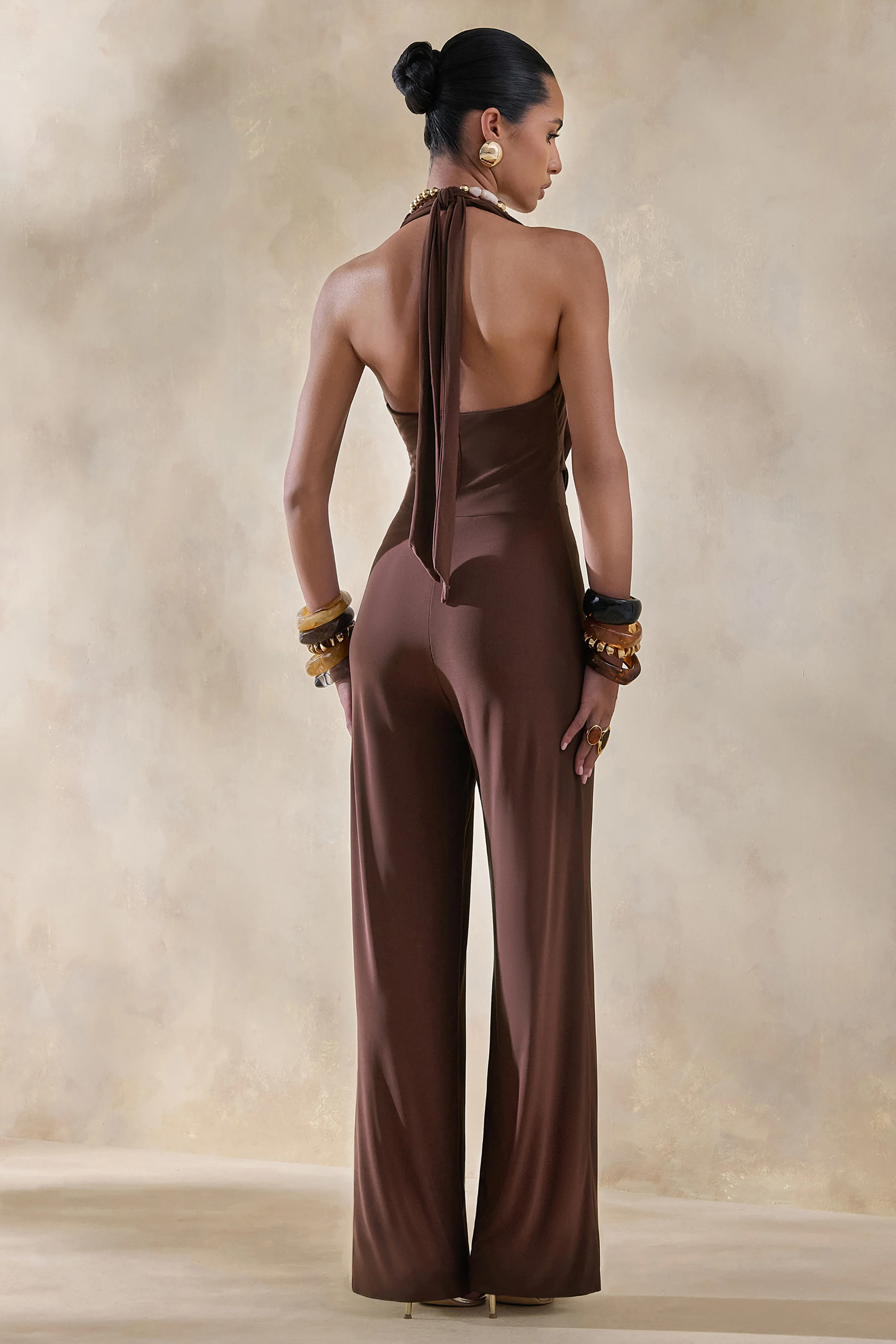 Clemence | Brown Plunge-Neck Jumpsuit - Image 2