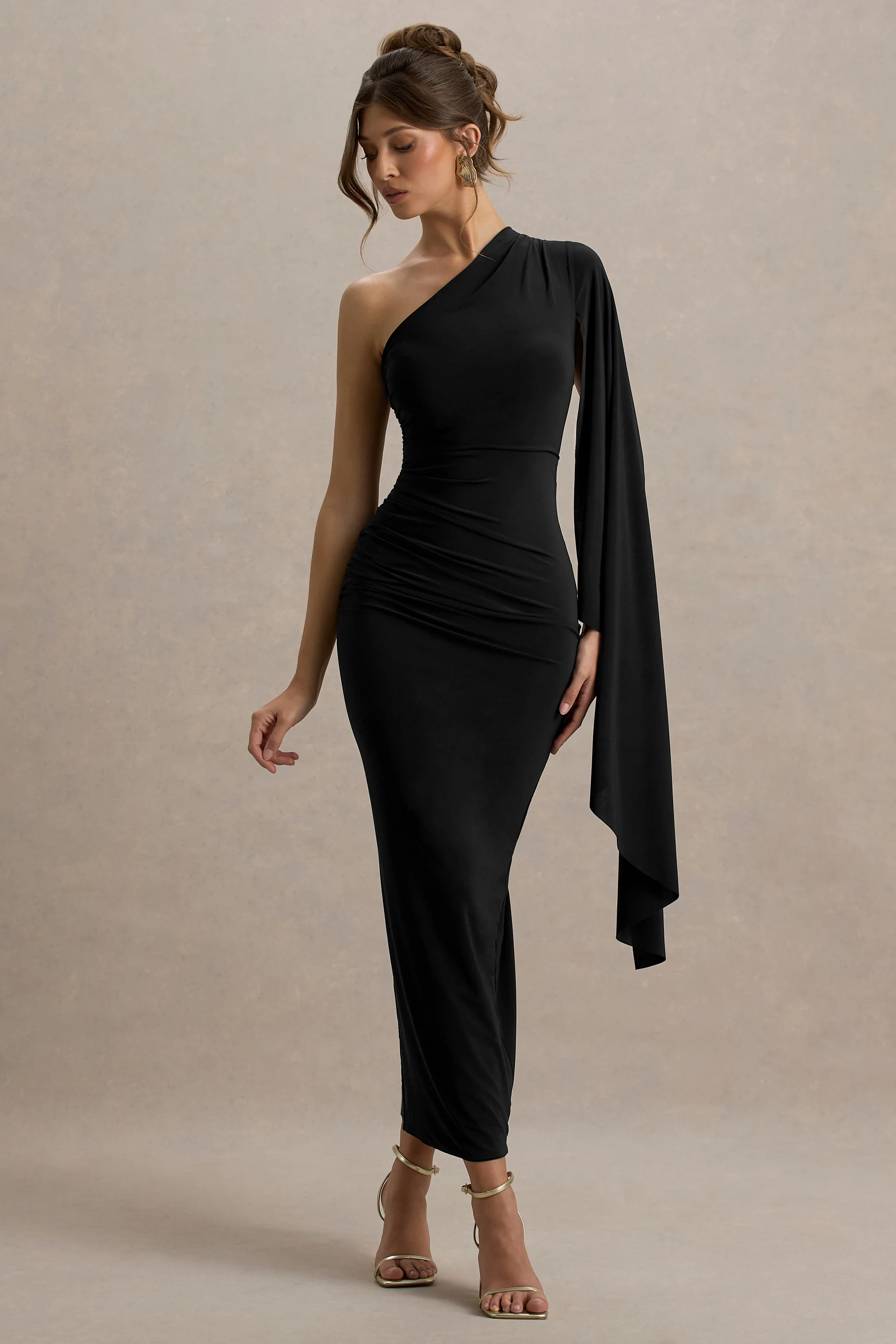 Clementina | Black Asymmetric Cape Sleeve Maxi Dress - Image 4