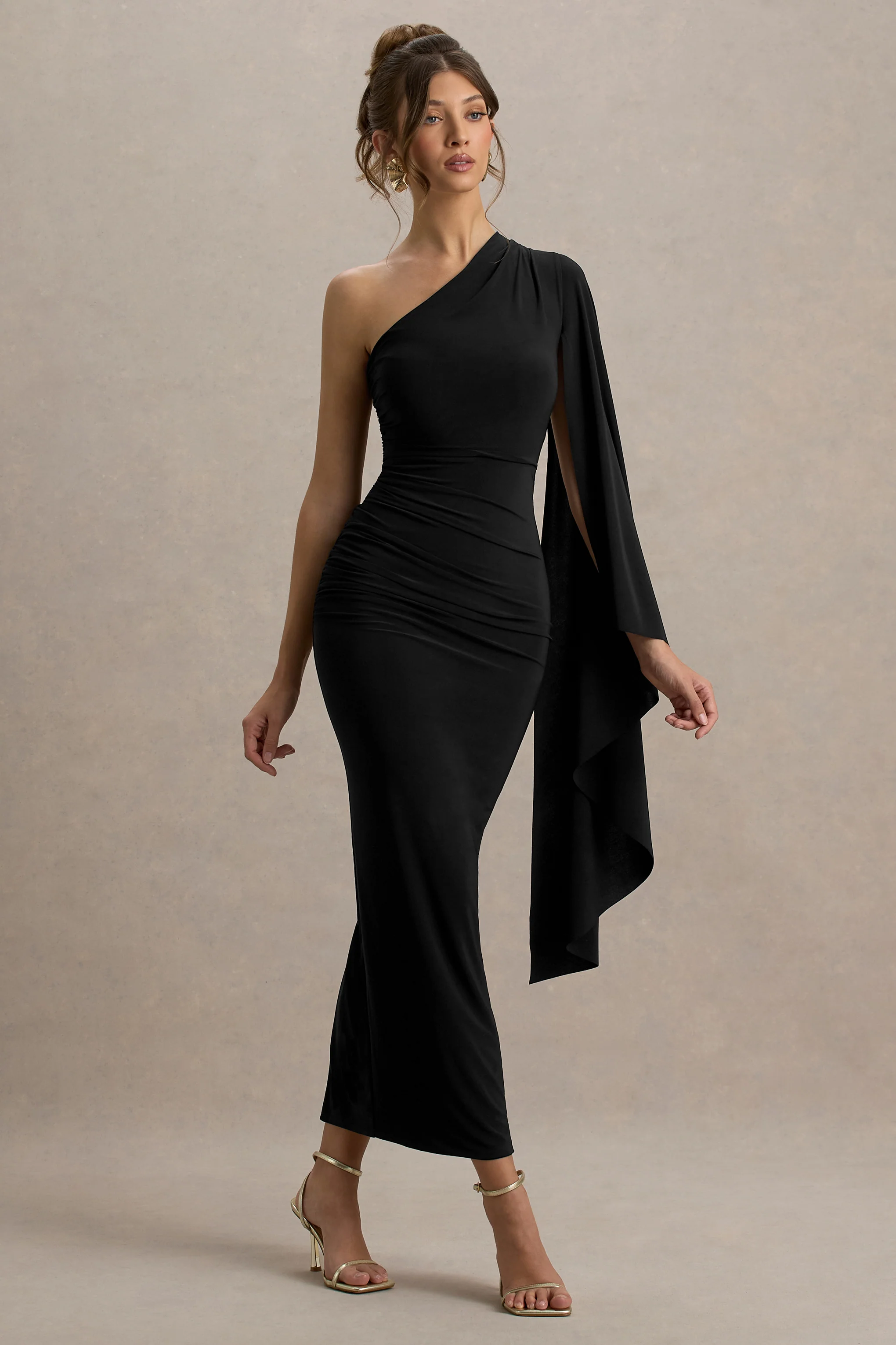 Clementina | Black Asymmetric Cape Sleeve Maxi Dress - Image 5