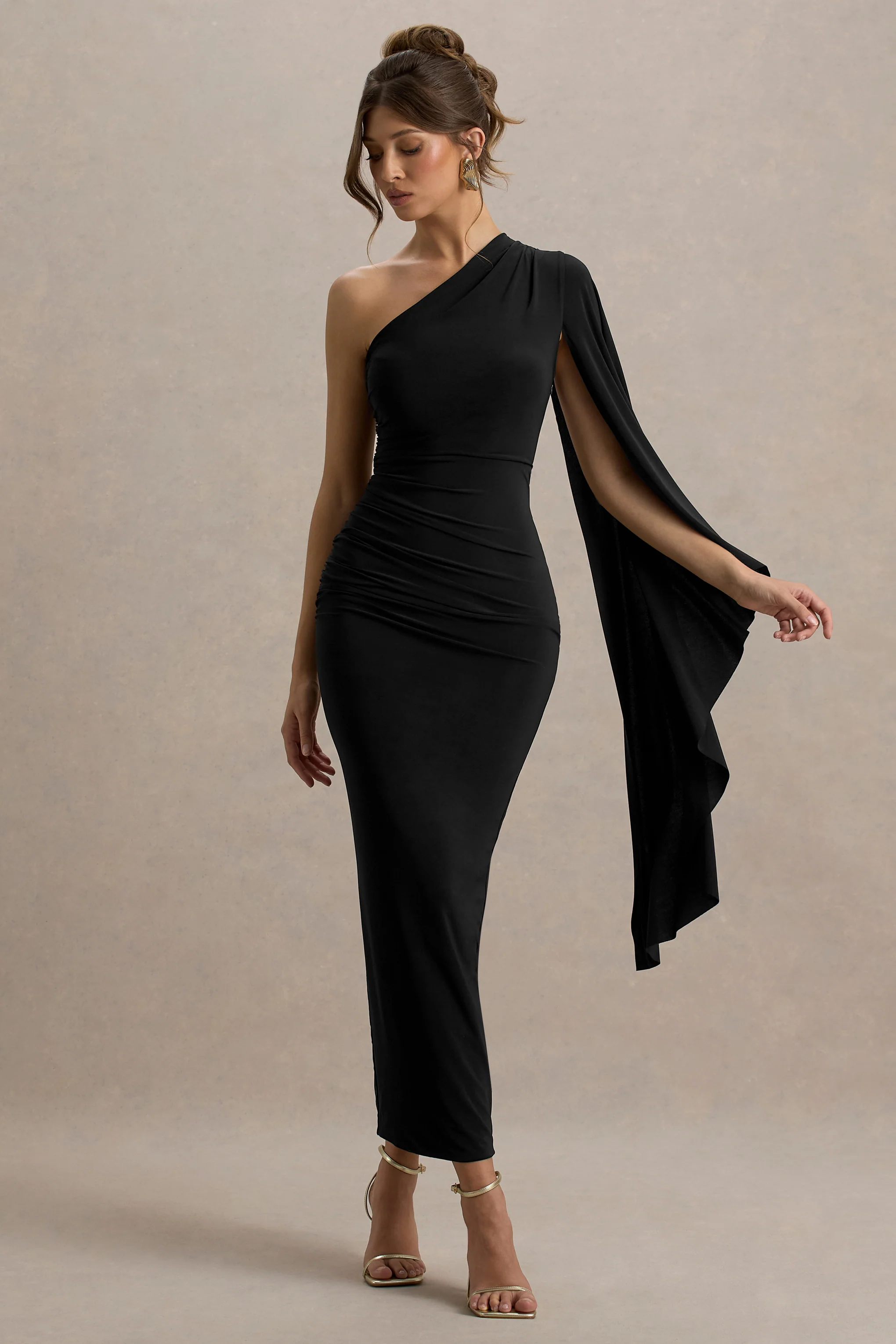 Clementina | Black Asymmetric Cape Sleeve Maxi Dress - Image 6