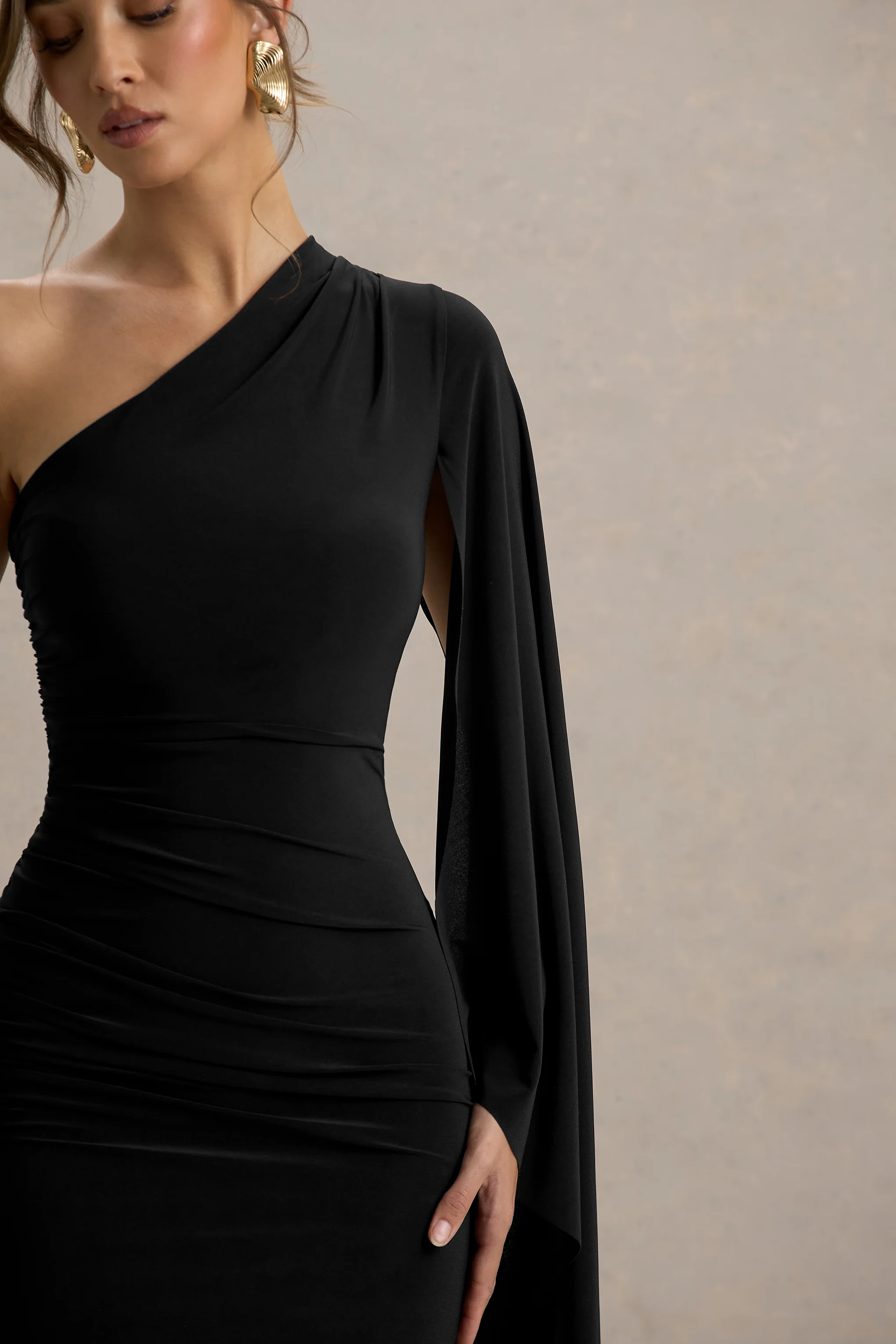 Clementina | Black Asymmetric Cape Sleeve Maxi Dress - Image 7