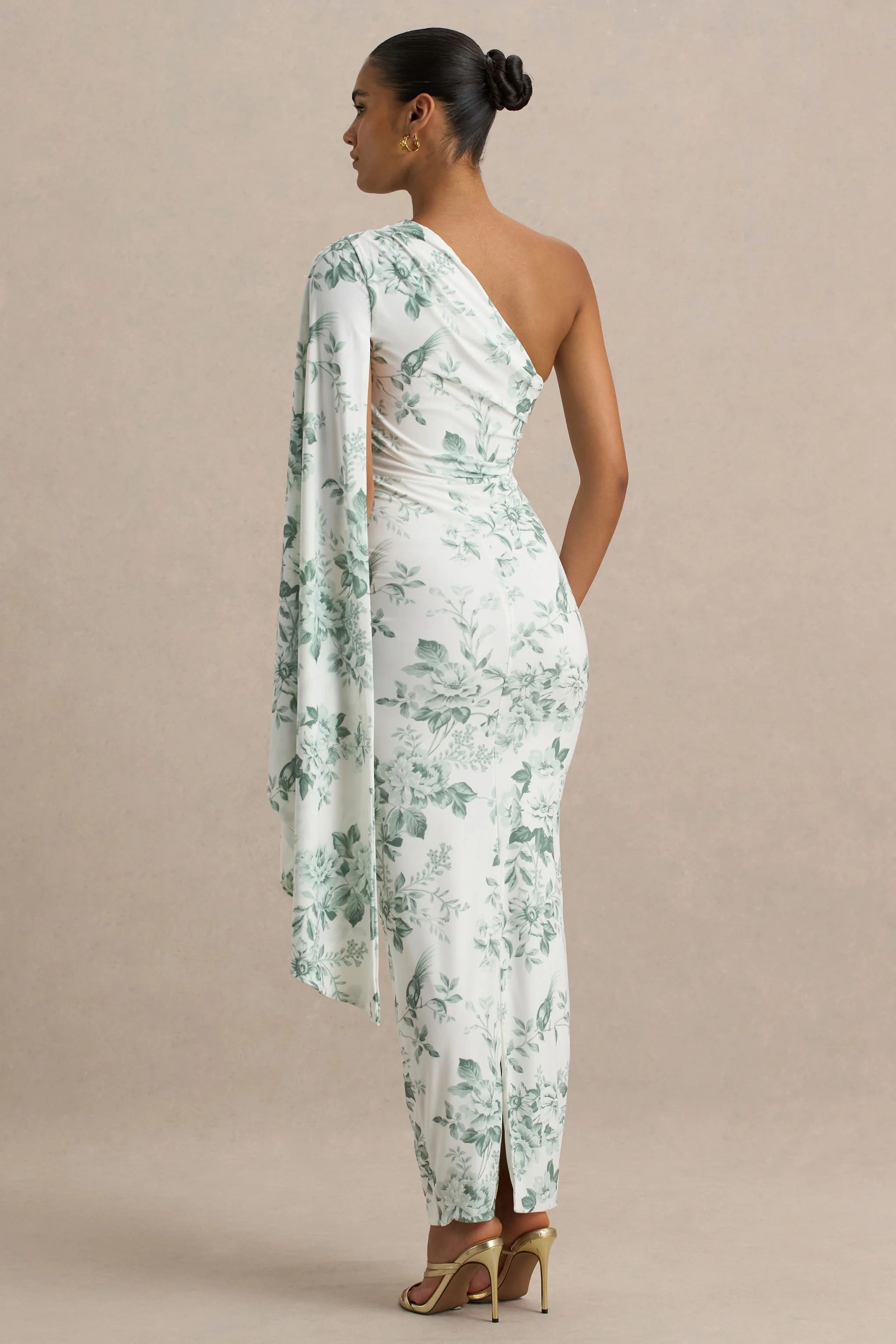 Clementina | Green Porcelain Print Asymmetric Cape Sleeve Maxi Dress - Image 3