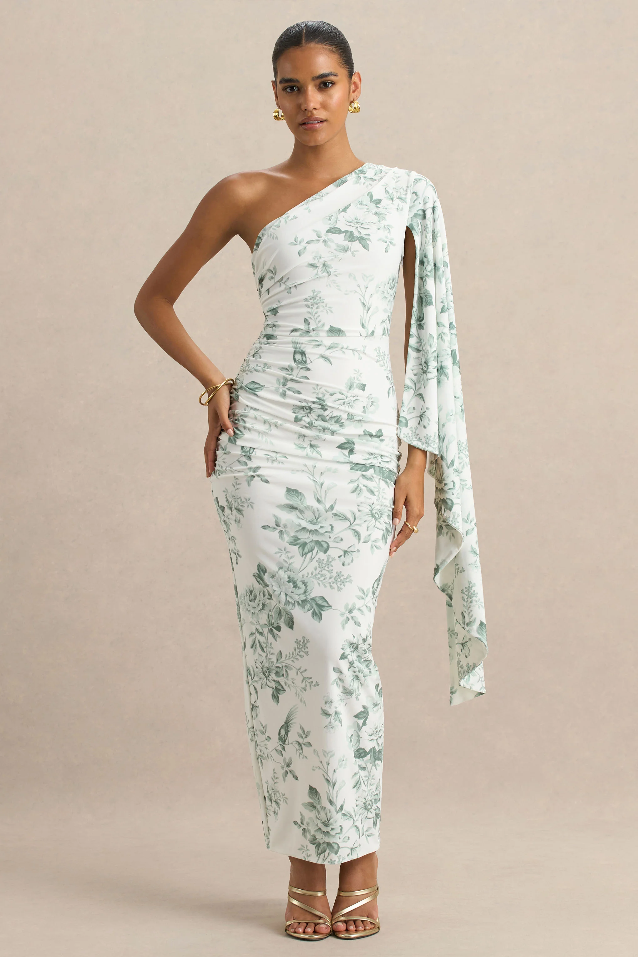 Clementina | Green Porcelain Print Asymmetric Cape Sleeve Maxi Dress - Image 4