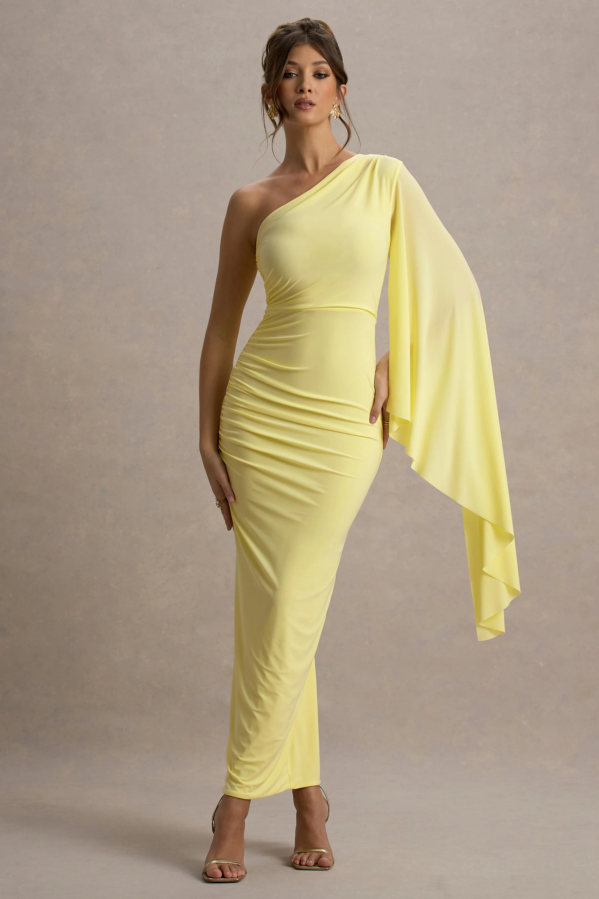 Clementina | Lemon Asymmetric Cape Sleeve Maxi Dress - Image 4