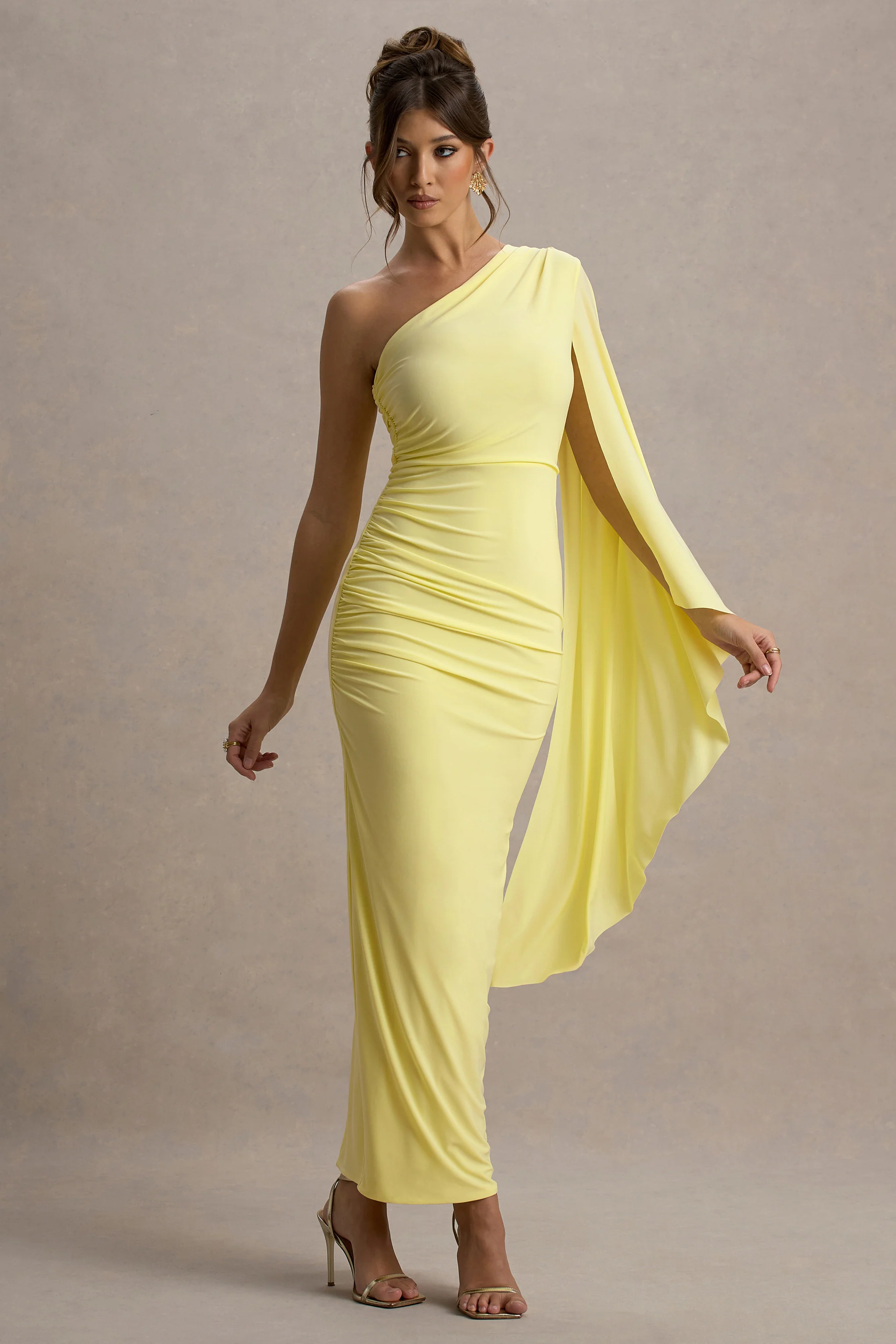 Clementina | Lemon Asymmetric Cape Sleeve Maxi Dress - Image 5