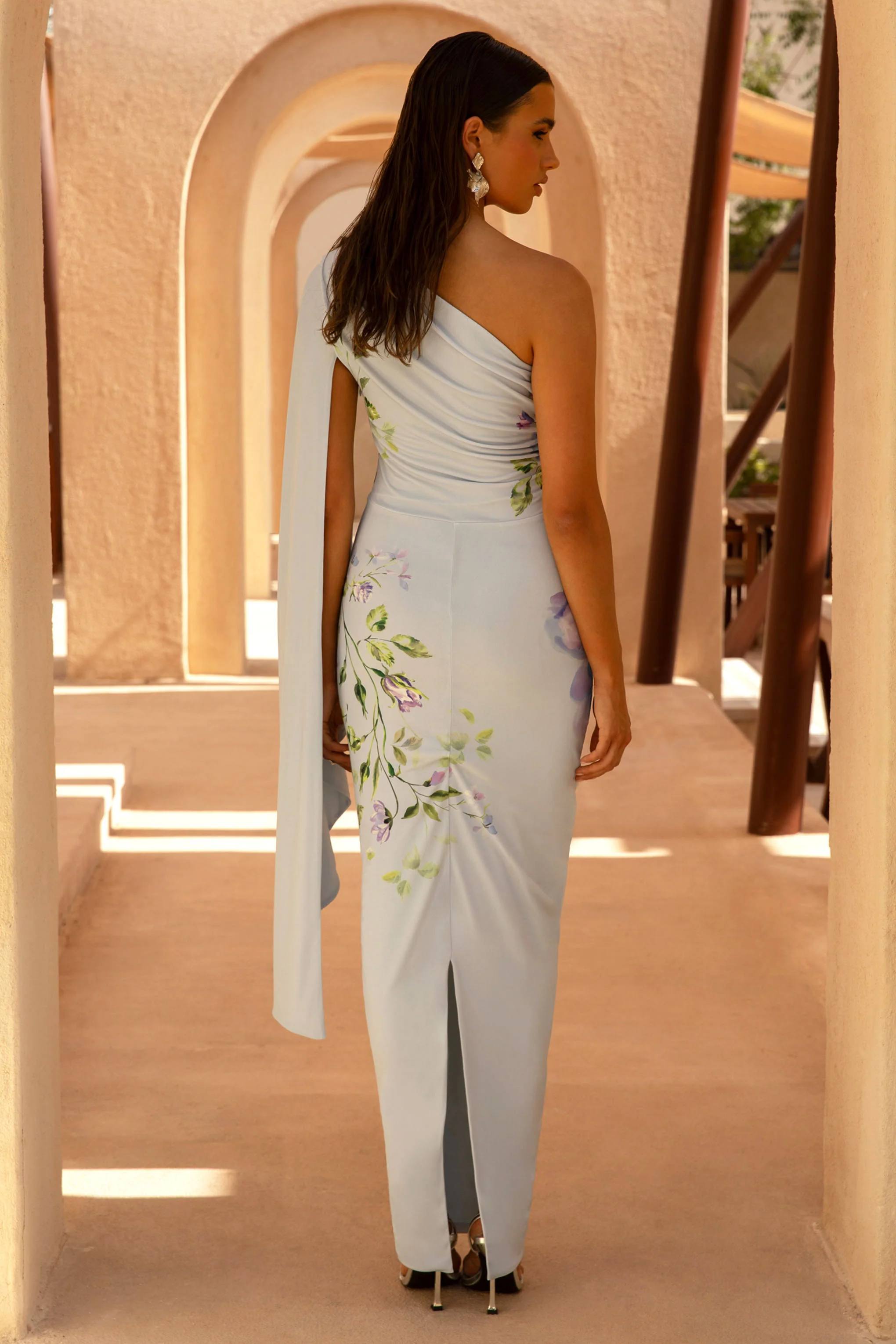 Clementina | Powder Blue Rose Print Asymmetric Cape Sleeve Maxi Dress - Image 2