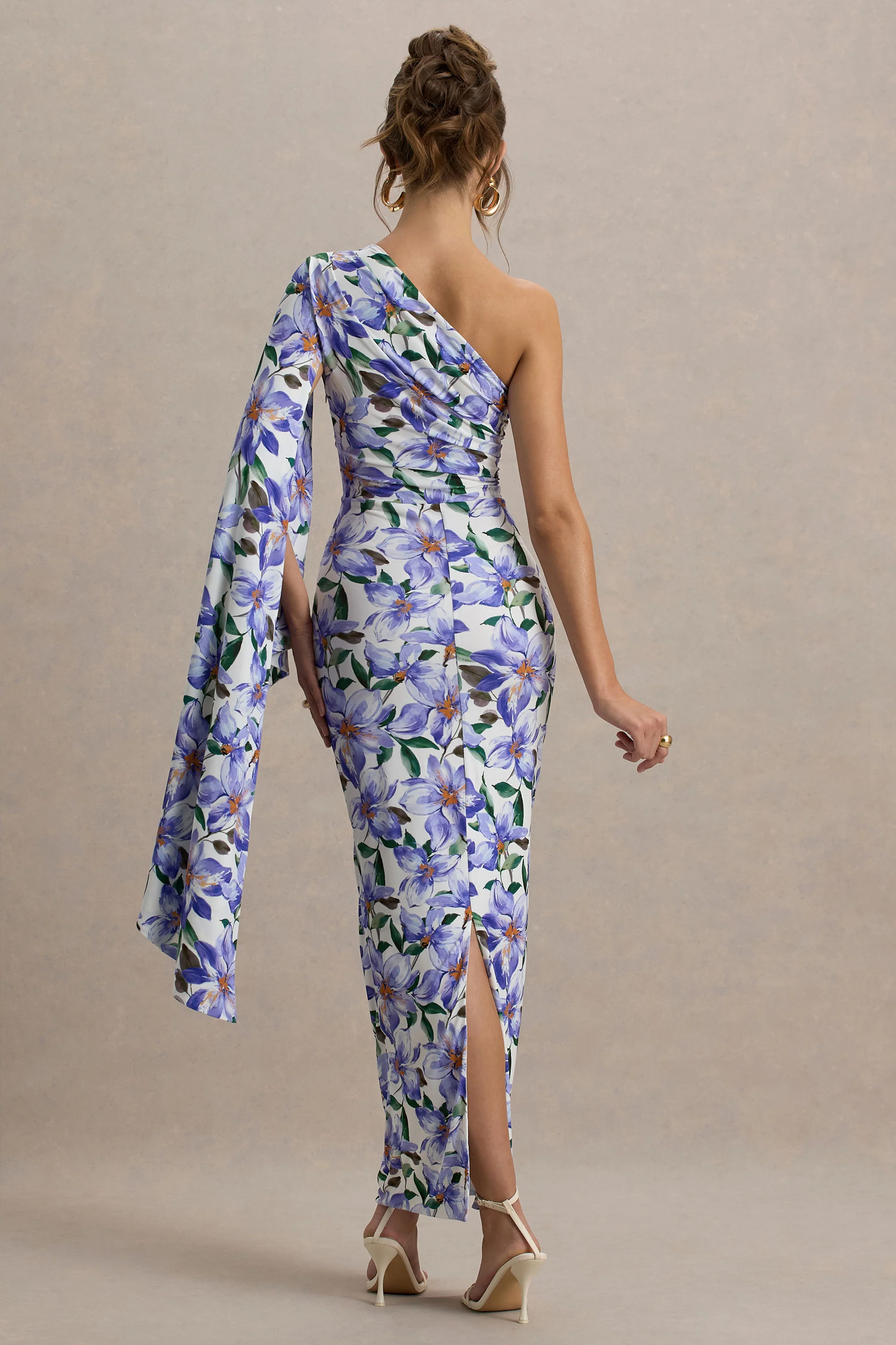 Clementina | Purple Lily Print Asymmetric Cape Sleeve Maxi Dress - Image 2