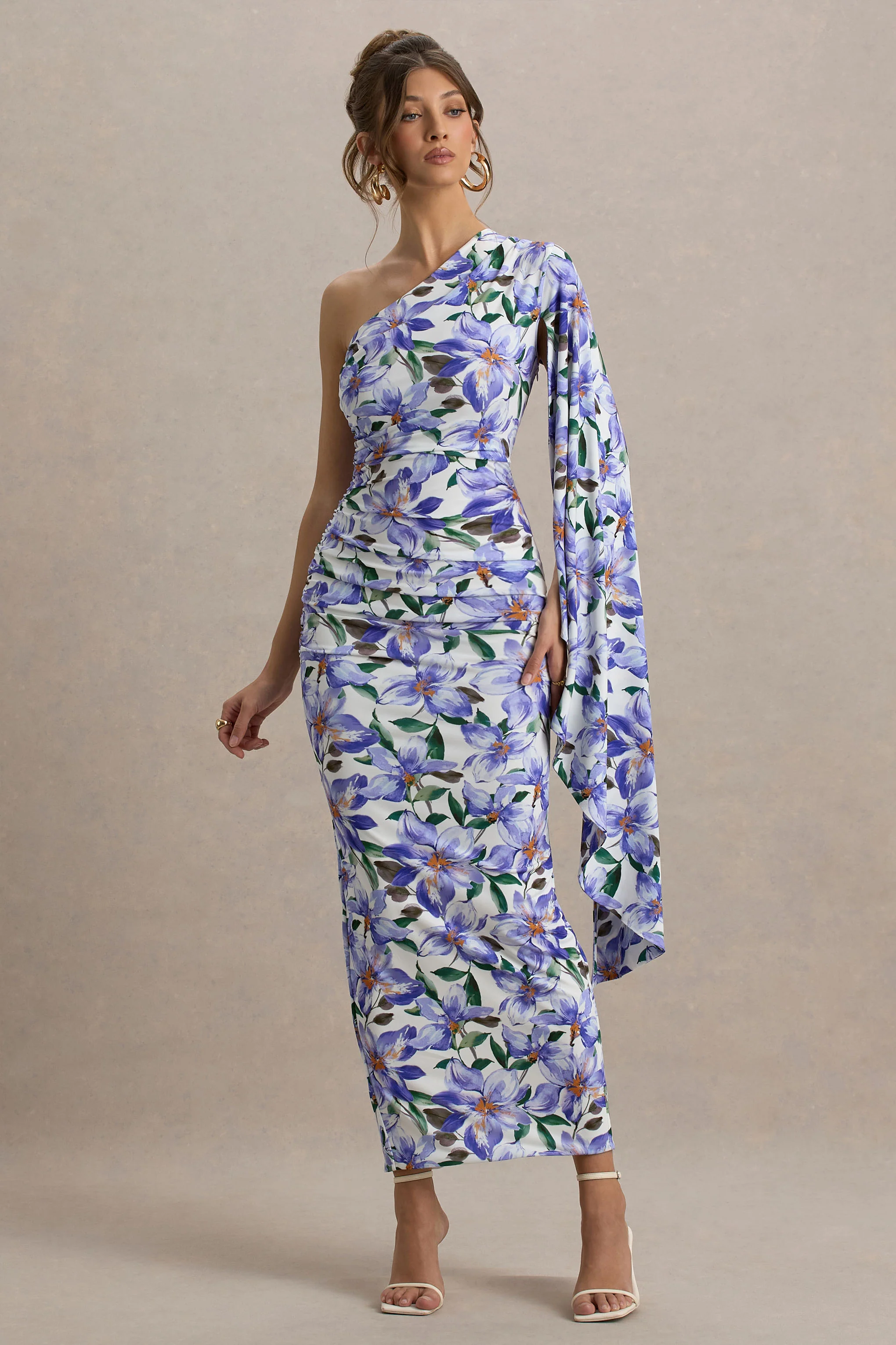Clementina | Purple Lily Print Asymmetric Cape Sleeve Maxi Dress - Image 4